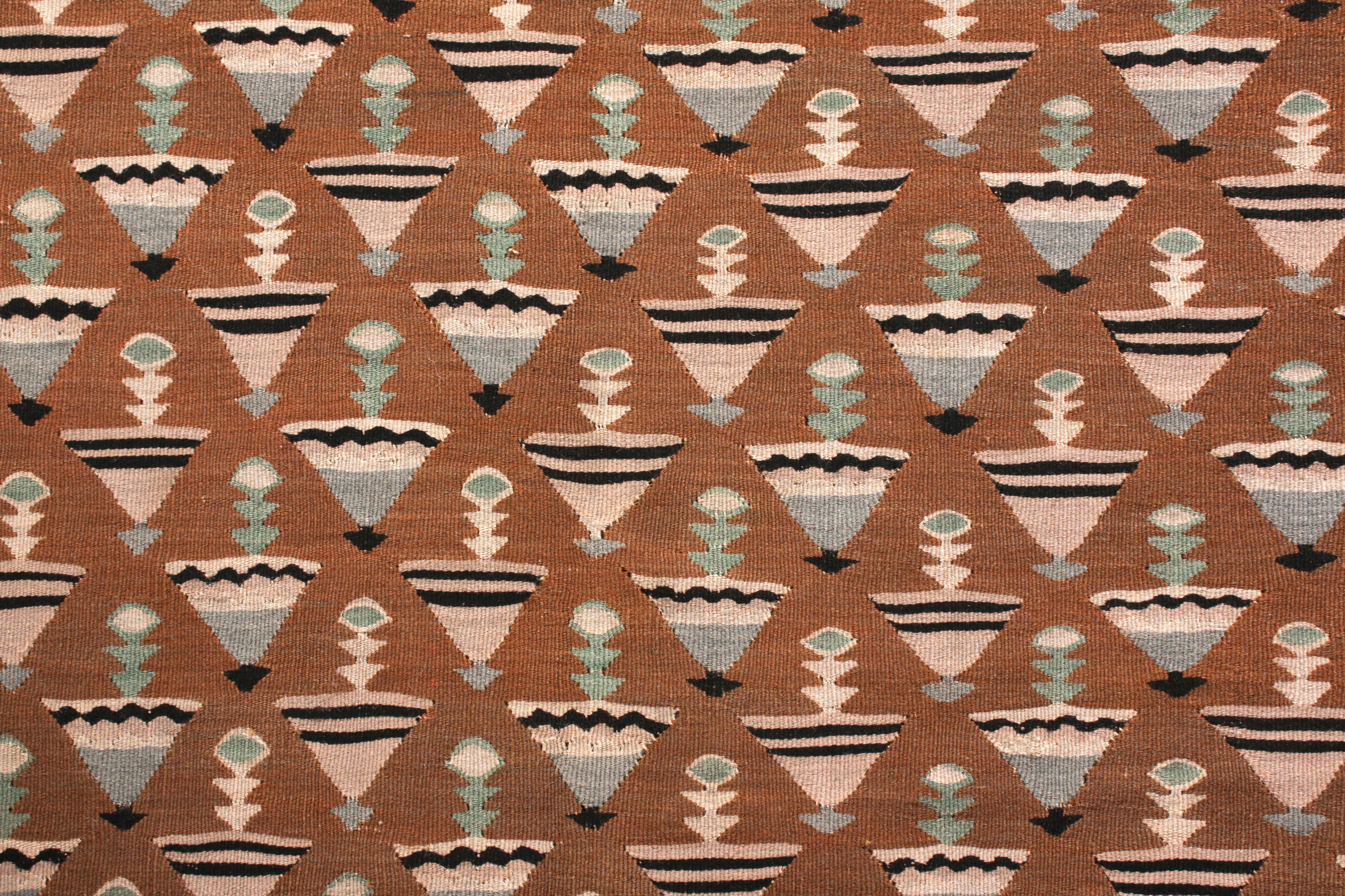 Turkish Mid-Century Vintage Kilim Rug in Brown Pink Geometric Pattern by Rug & Kilim For Sale