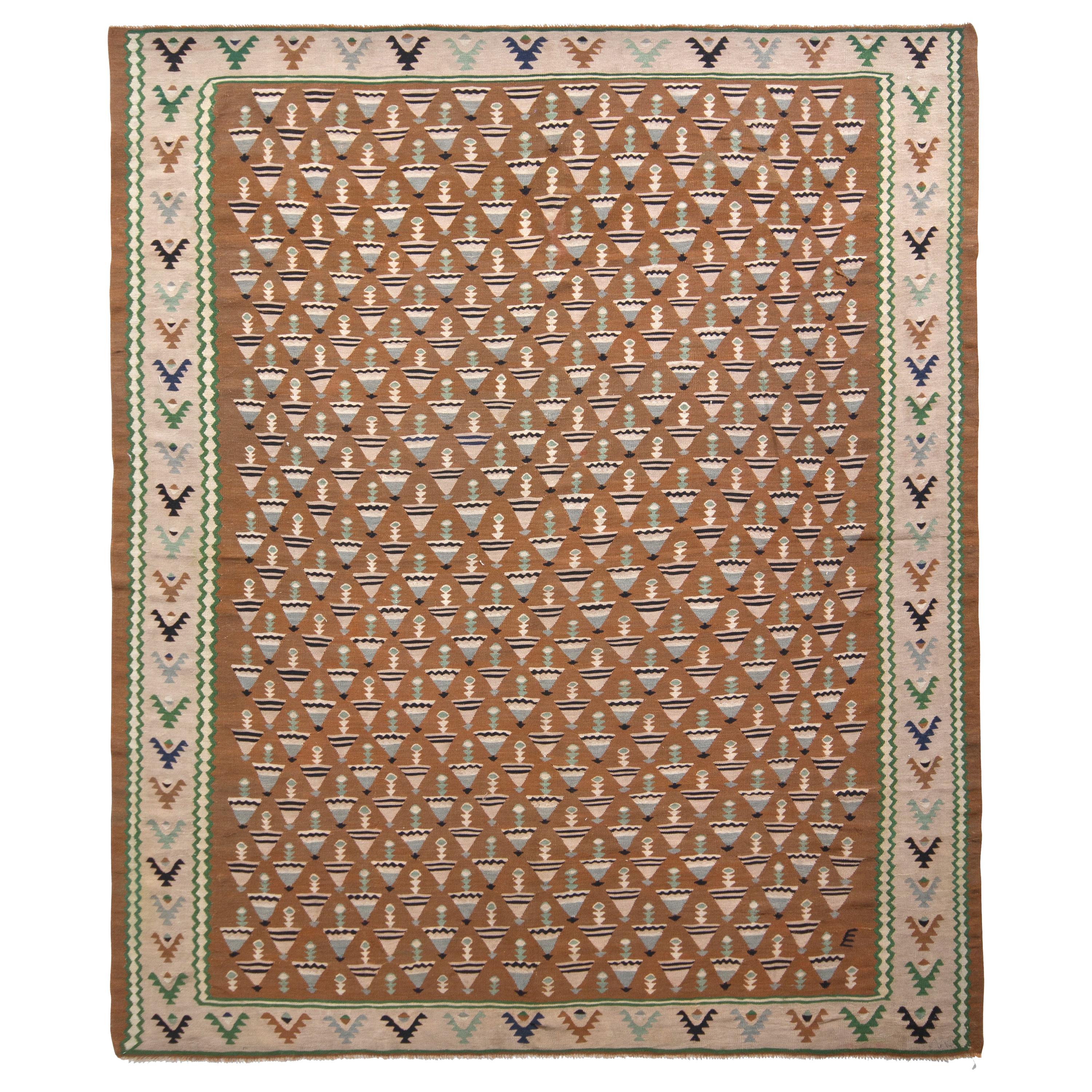 Mid-Century Vintage Kilim Rug in Brown Pink Geometric Pattern by Rug & Kilim For Sale