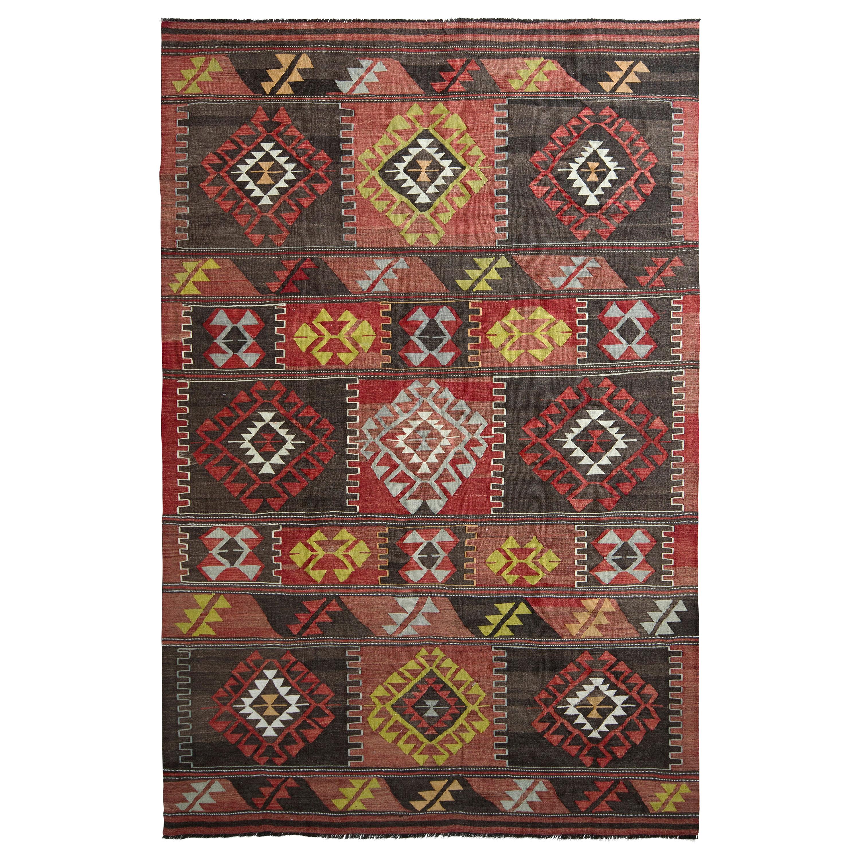 Midcentury Vintage Kilim Rug Geometric Tribal All-Over Pattern by Rug & Kilim For Sale