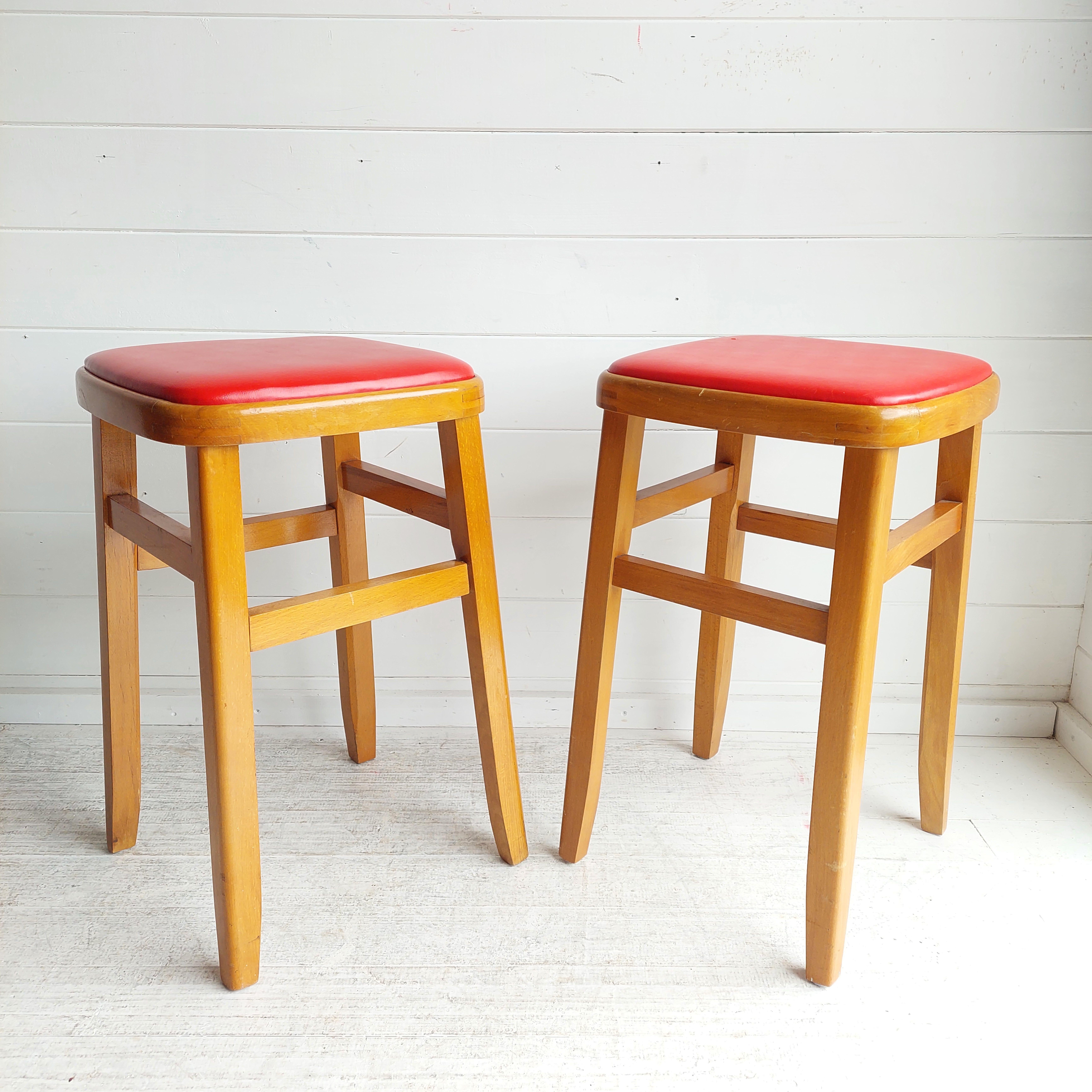 Mid-Century Modern Mid Century Vintage Kitchen stools beech and vinyl, Set of 2 , 60s For Sale