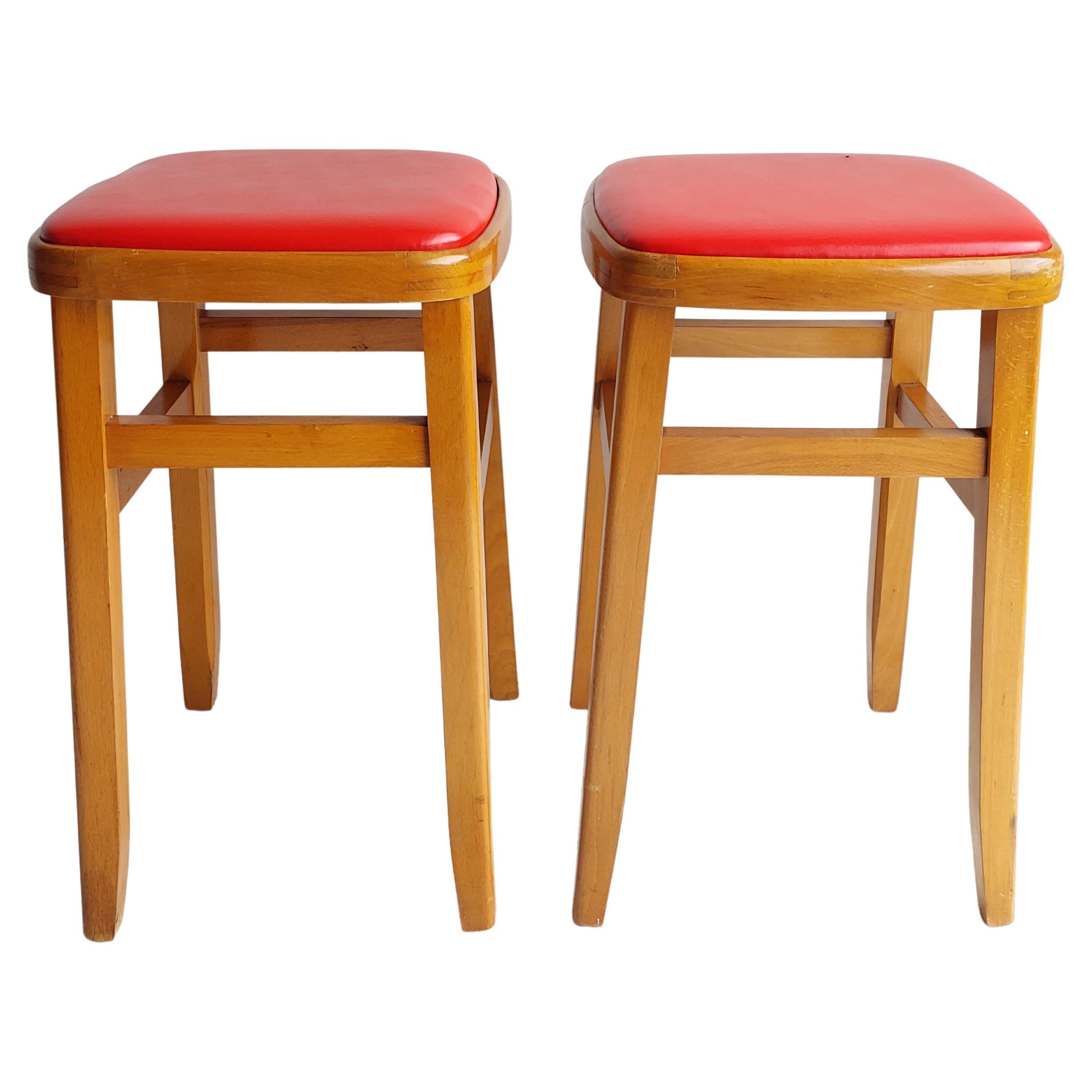 Mid Century Vintage Kitchen stools beech and vinyl, Set of 2 , 60s For Sale