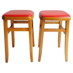 Mid Century Vintage Kitchen stools beech and vinyl, Set of 2 , 60s