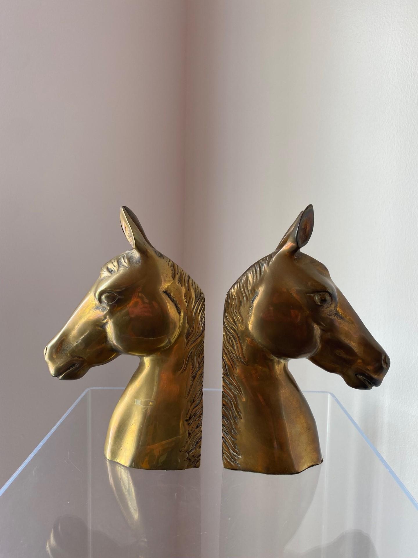 American Mid-Century Vintage Large Brass Horse Head Bookends