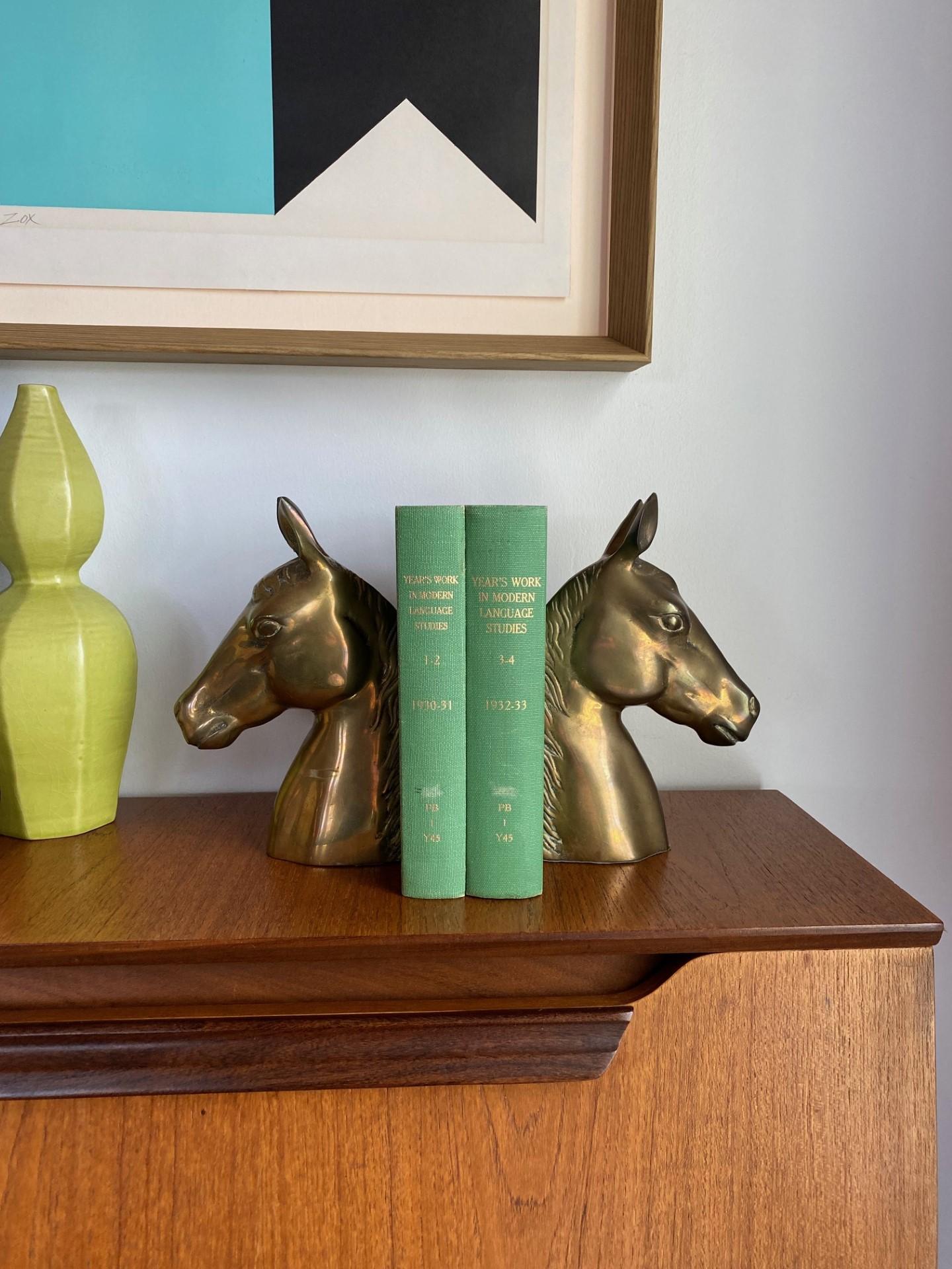 Mid-Century Vintage Large Brass Horse Head Bookends 1