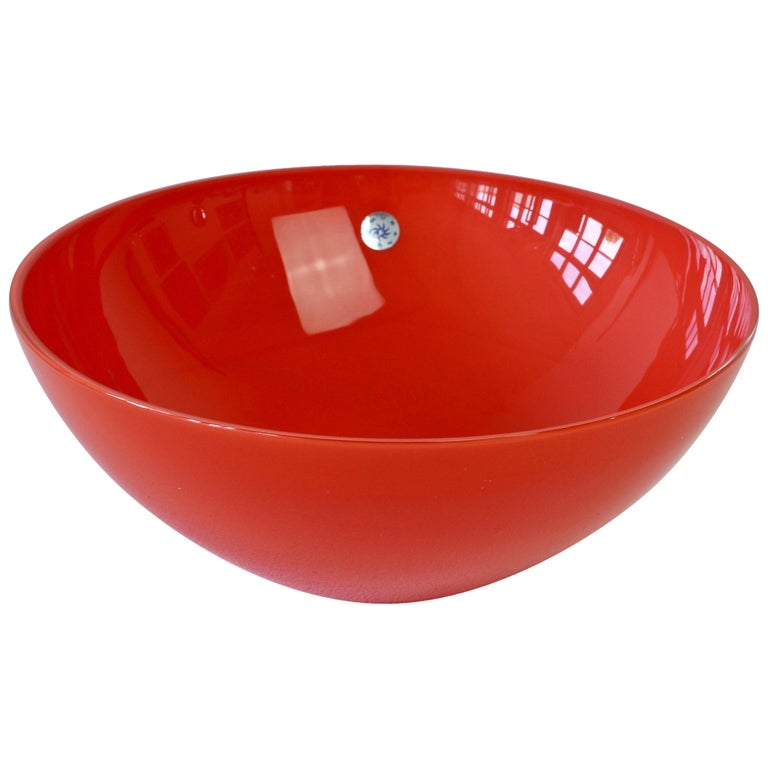 Midcentury Vintage Large Bright Red Italian Murano Glass Bowl By Cenedese