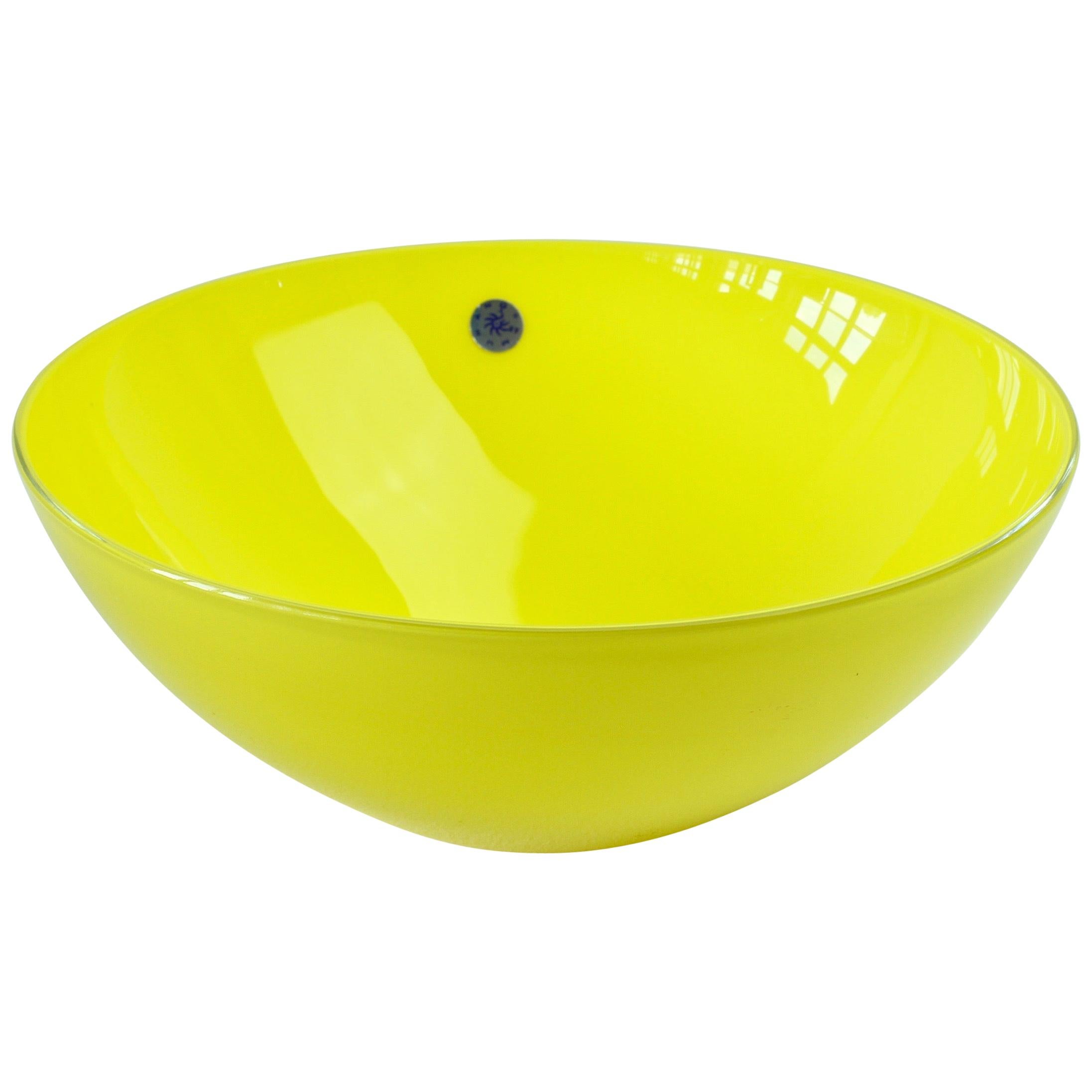 Midcentury Vintage Large Bright Yellow Italian Murano Glass Bowl by