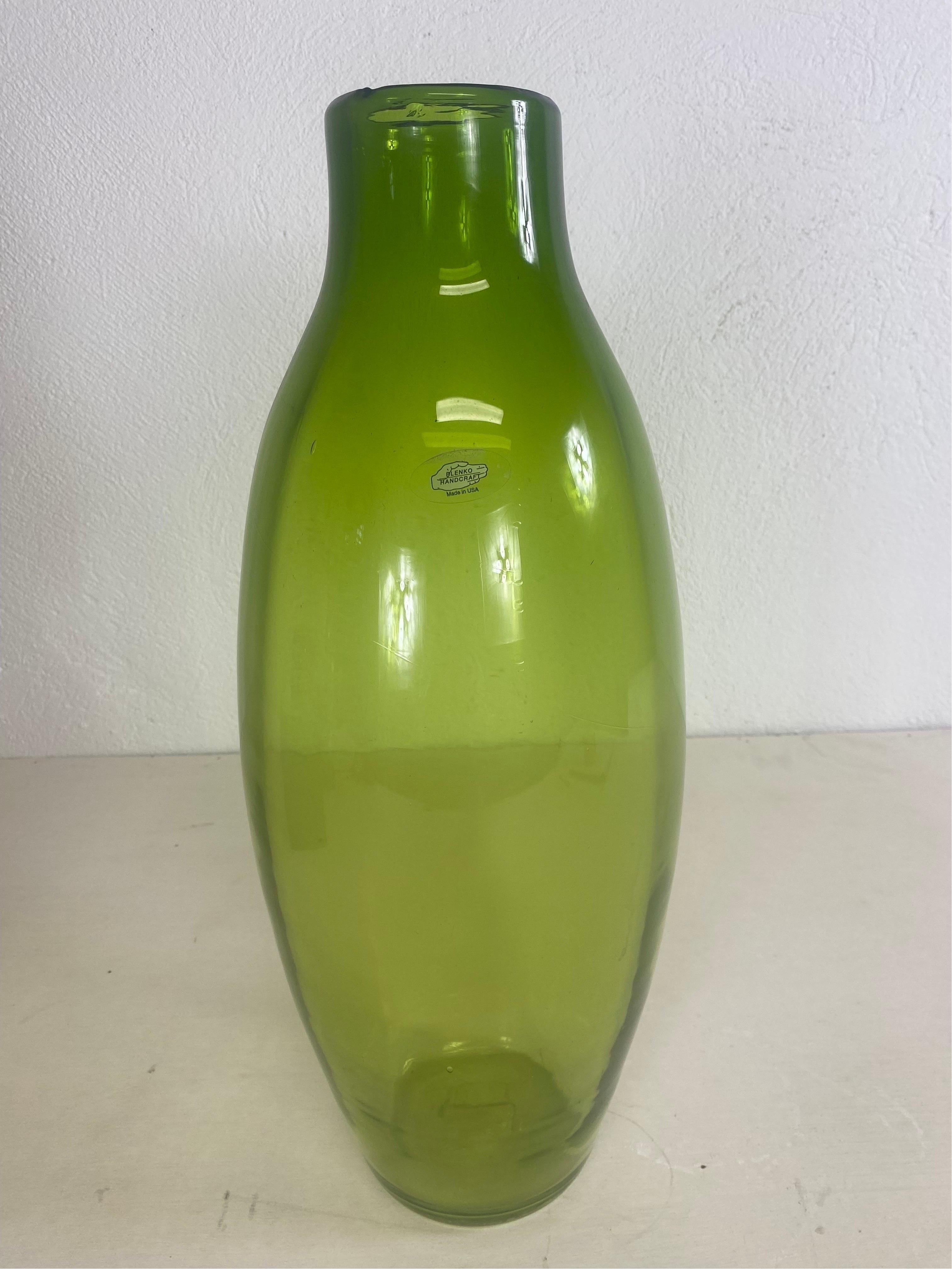 American Mid century vintage large Handblown Blenko green glass vase