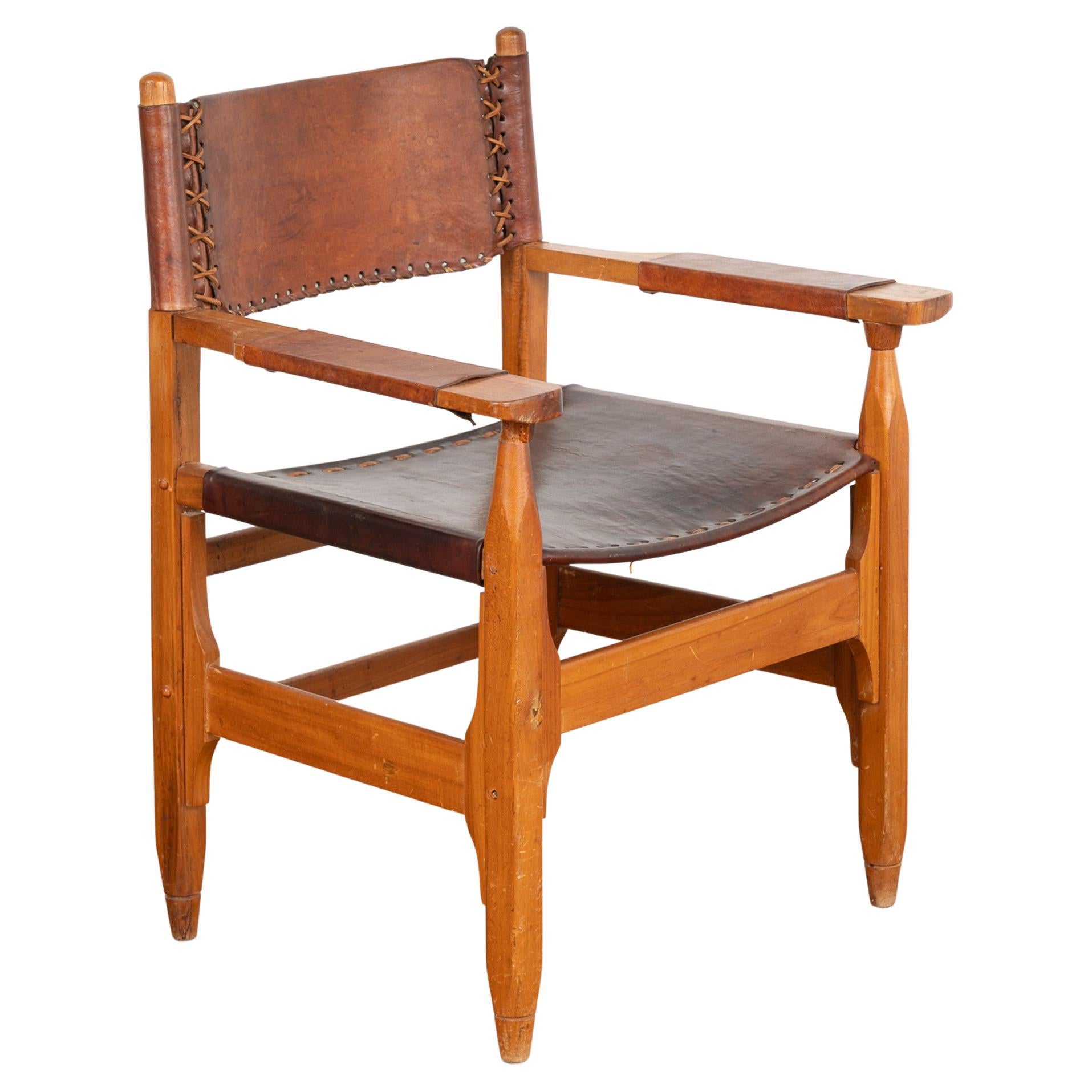 Mid Century Vintage Leather Chair With Decorative Stitching, circa 1960