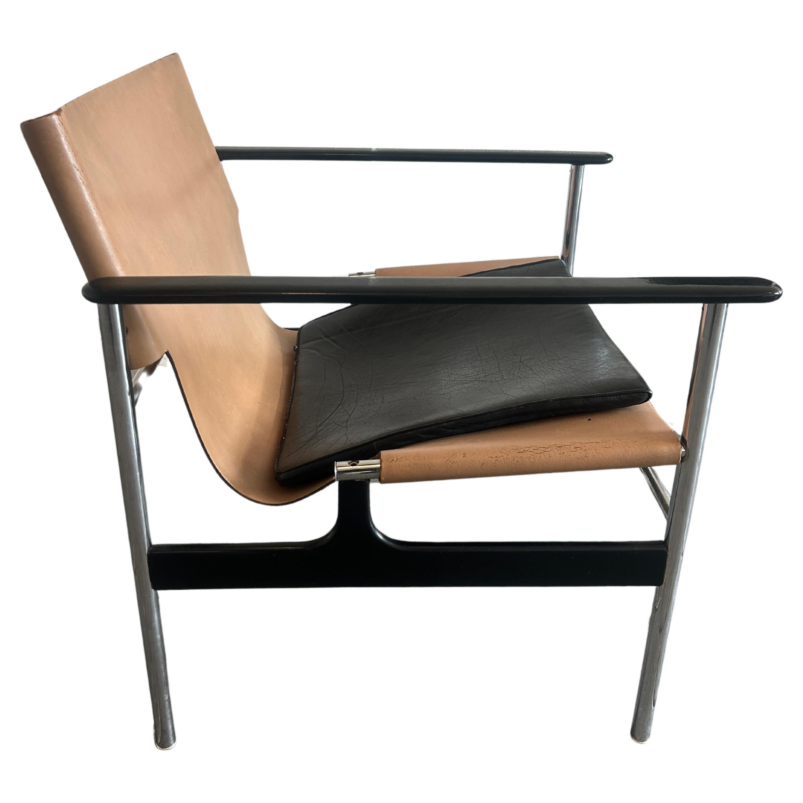 Mid century vintage leather sling 657 lounge chair by Charles pollock  For Sale