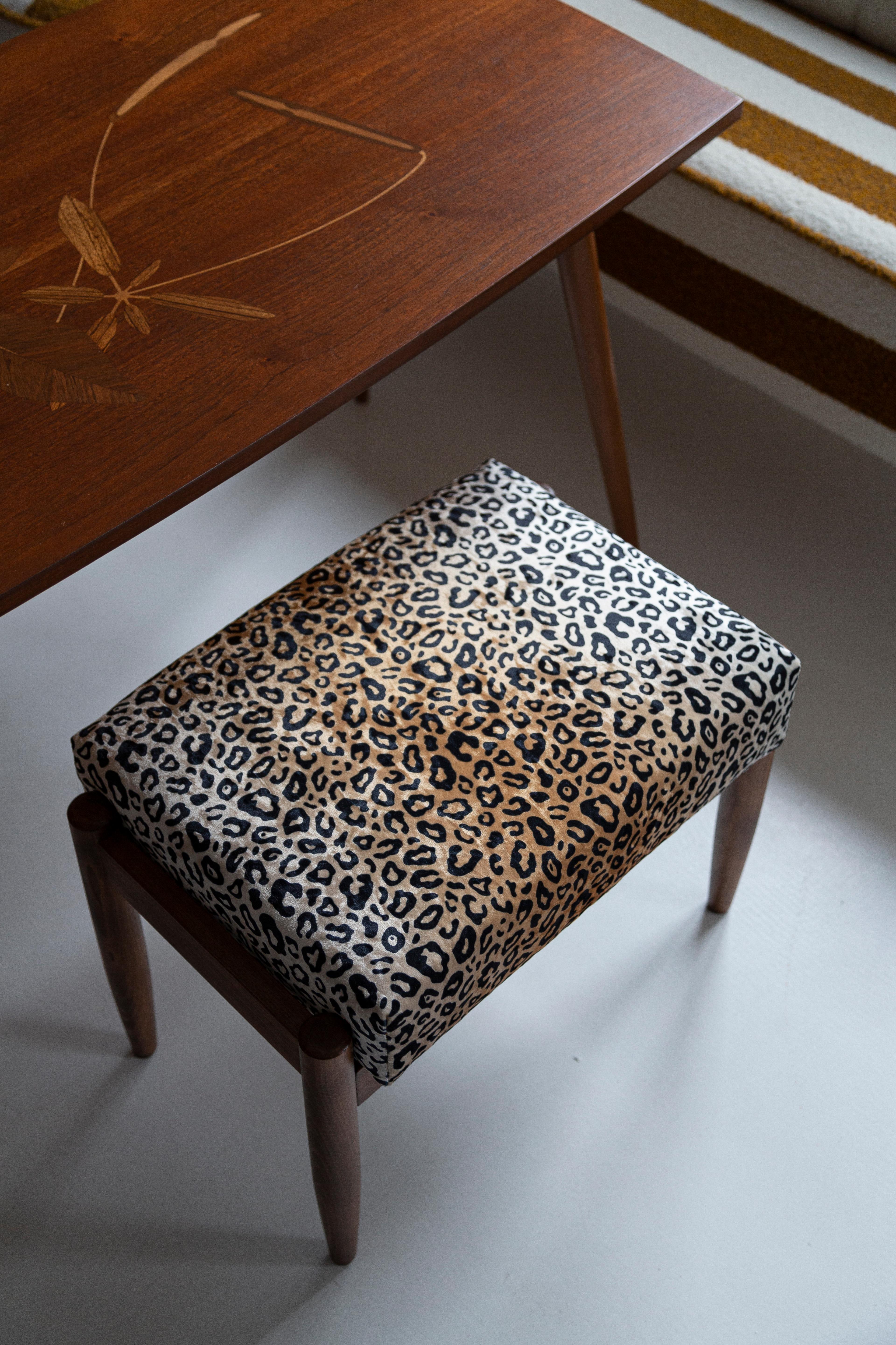 Stools from the turn of the 1960s. Beautiful leopard velvet high quality upholstery. The stools consists of an upholstered part, a seat and wooden legs narrowing downwards, characteristic of the 1960s style. We can prepare this stools also in