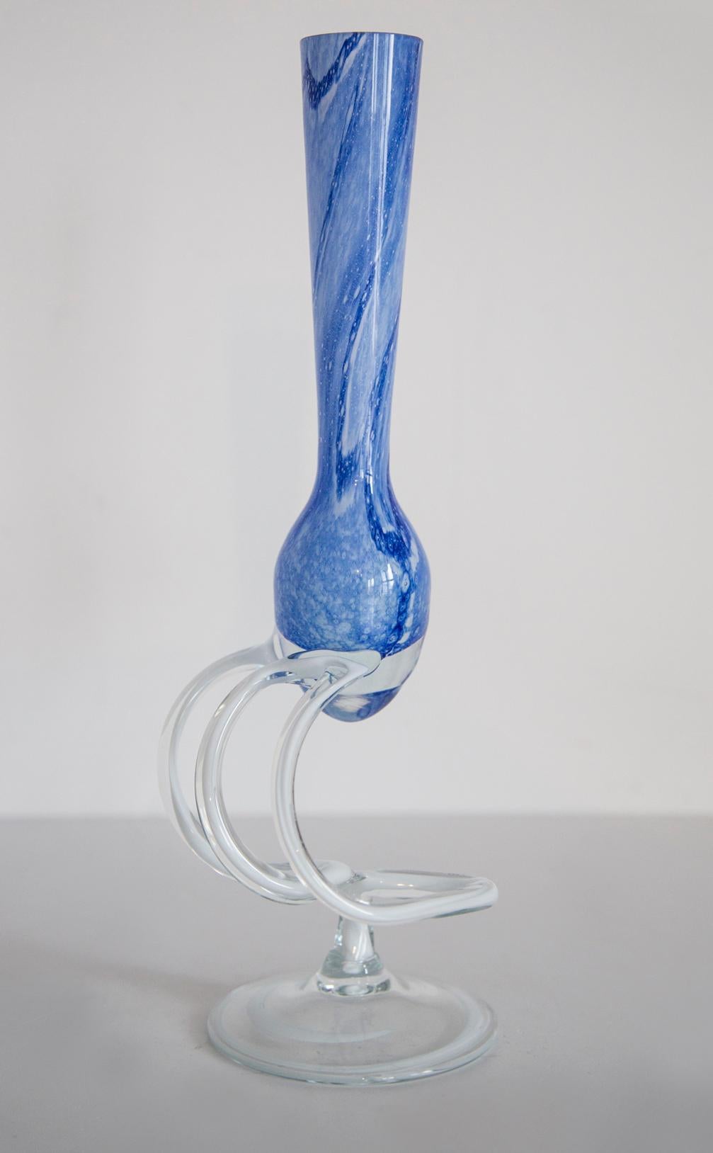Polish Mid Century Vintage Light Blue Artistic Glass Vase, Candlestick, Europe, 1970s For Sale