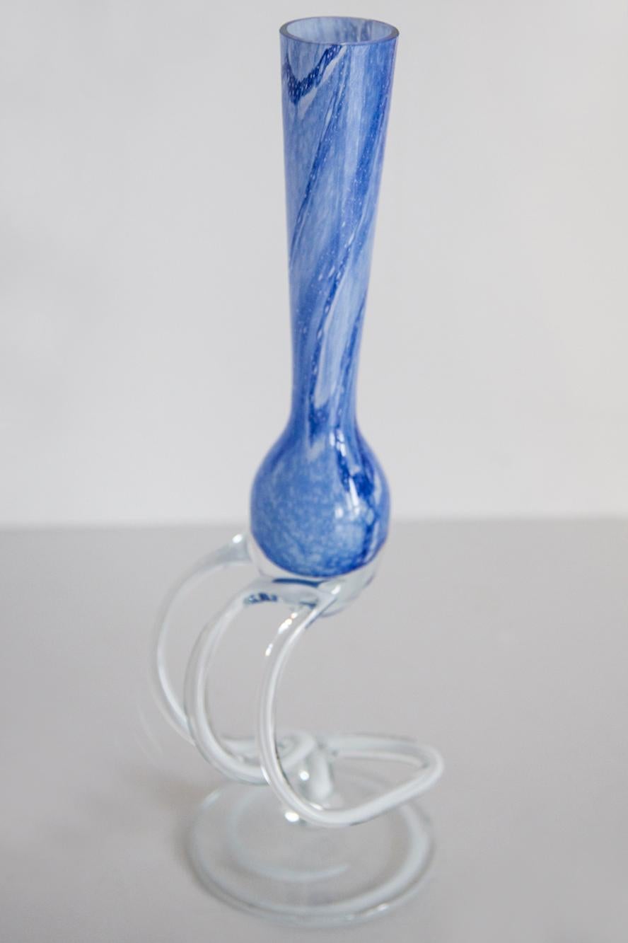 Mid Century Vintage Light Blue Artistic Glass Vase, Candlestick, Europe, 1970s In Excellent Condition For Sale In 05-080 Hornowek, PL