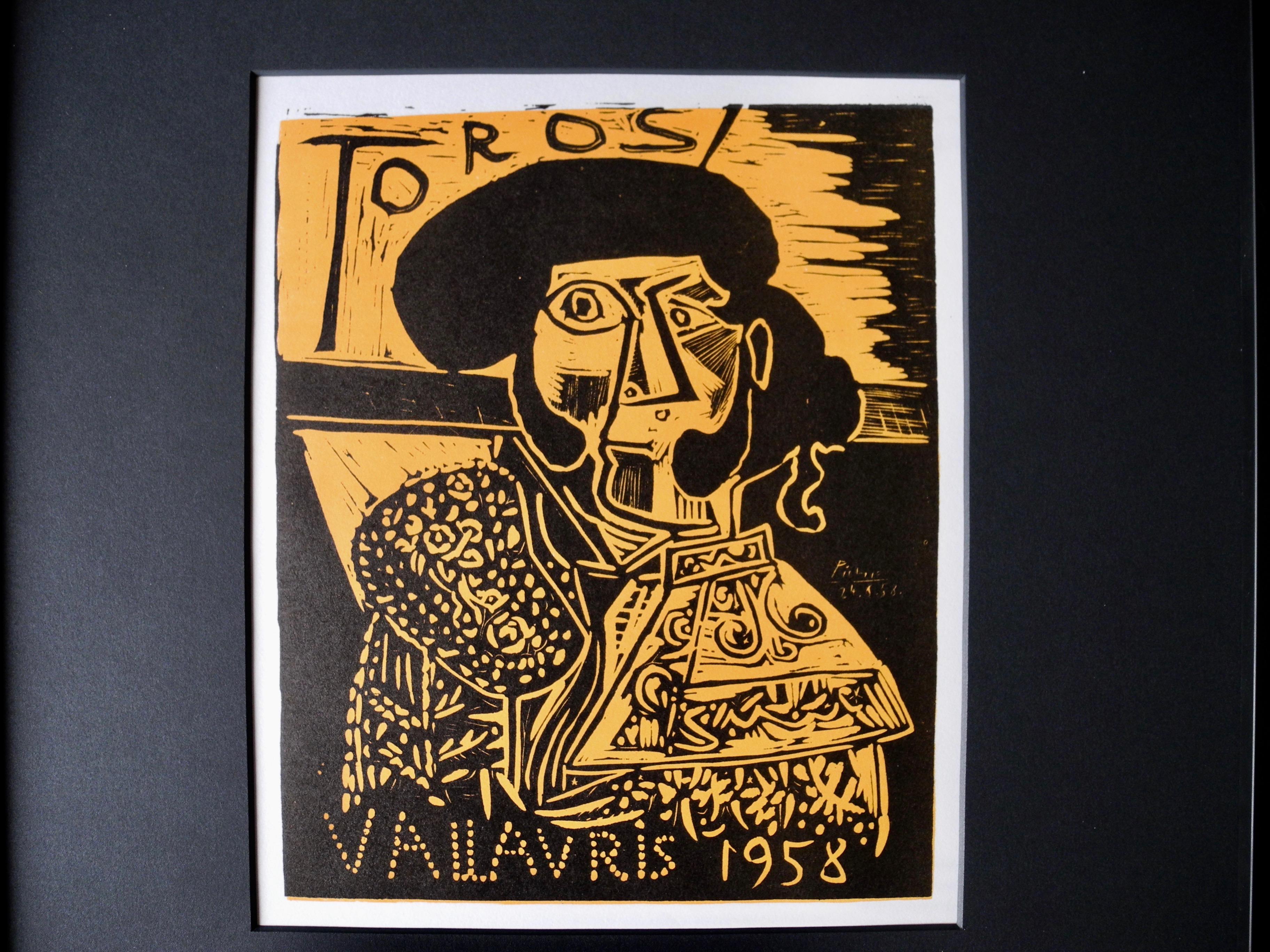 This vintage, framed and matted, small lithograph/poster is attributed to one of Picasso's woodcuts for Vallauris. A small town in the south of France where Picasso worked as a ceramicist. Signed and dated in the print.