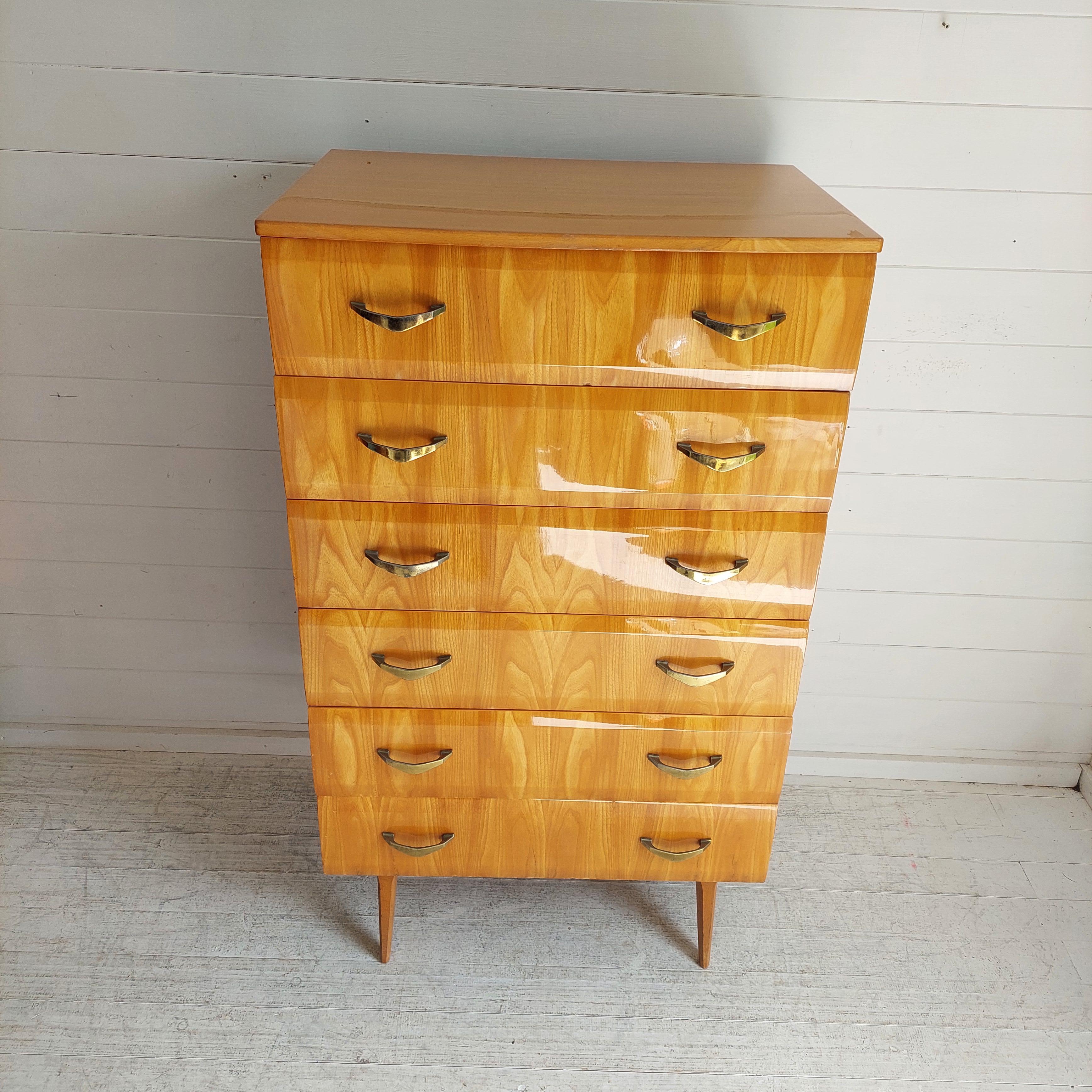 Mid Century Vintage Maple Lacquered Tallboy Chest of Drawers by Meredew, 1960s 3