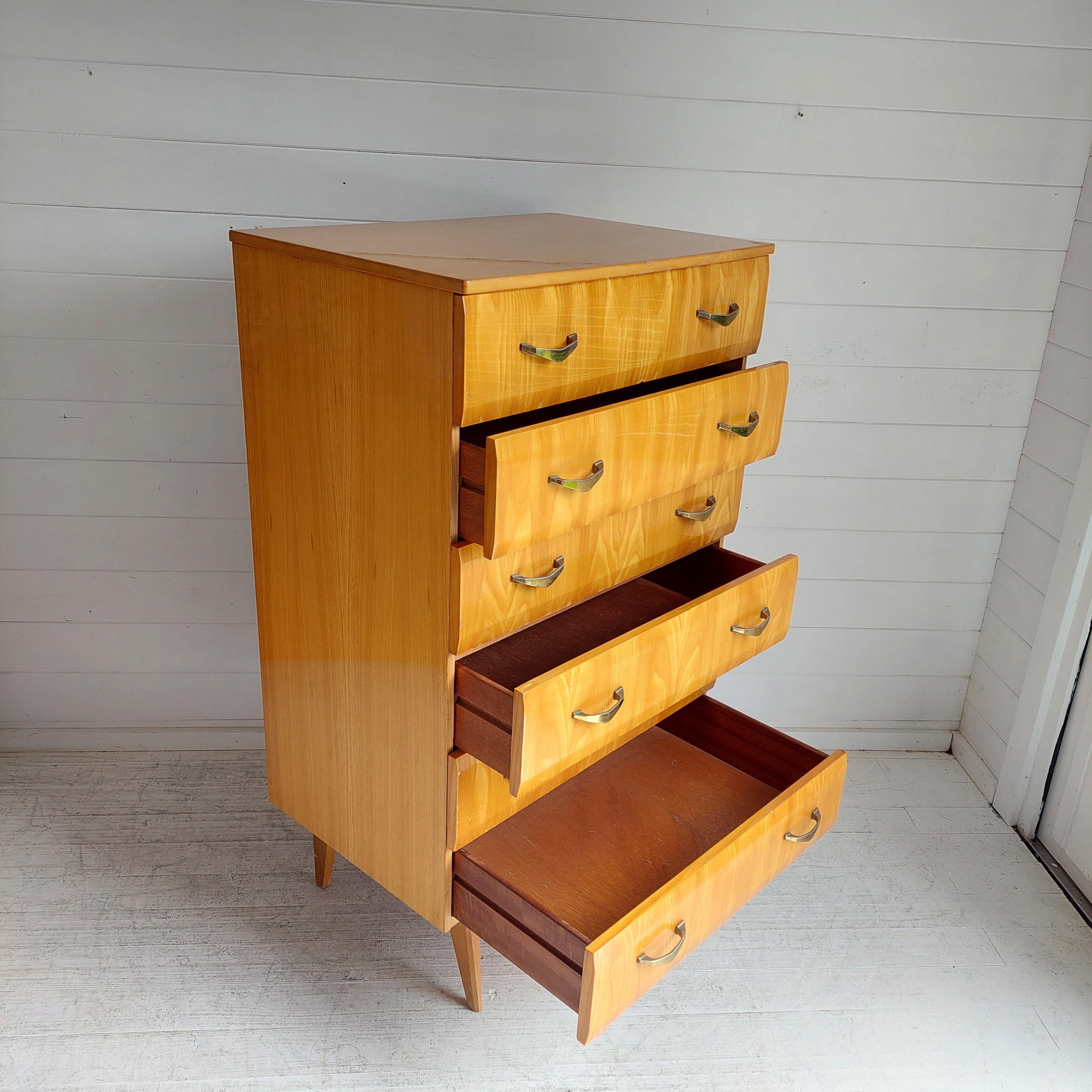 Mid Century Vintage Maple Lacquered Tallboy Chest of Drawers by Meredew, 1960s In Good Condition In Leamington Spa, GB