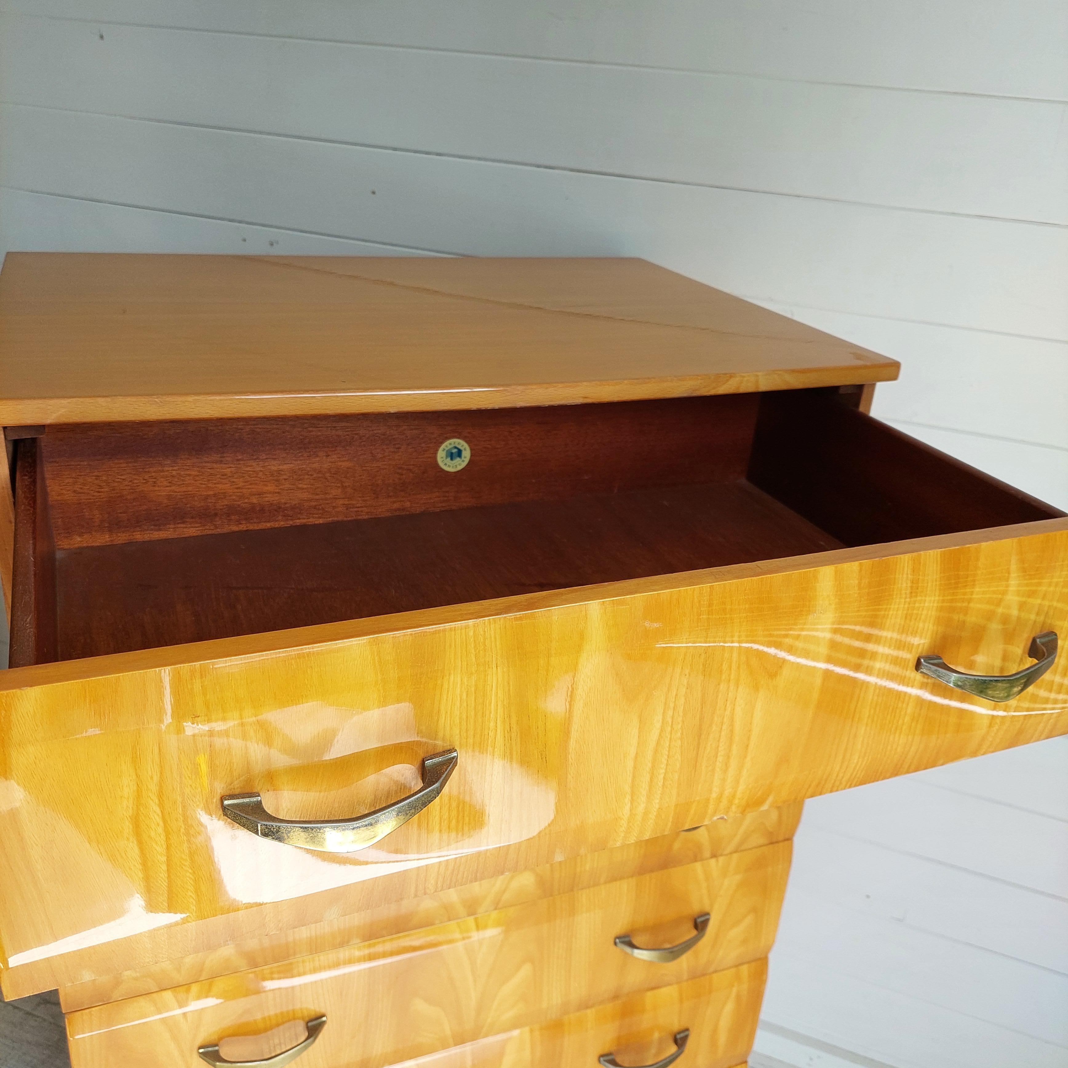 Metal Mid Century Vintage Maple Lacquered Tallboy Chest of Drawers by Meredew, 1960s