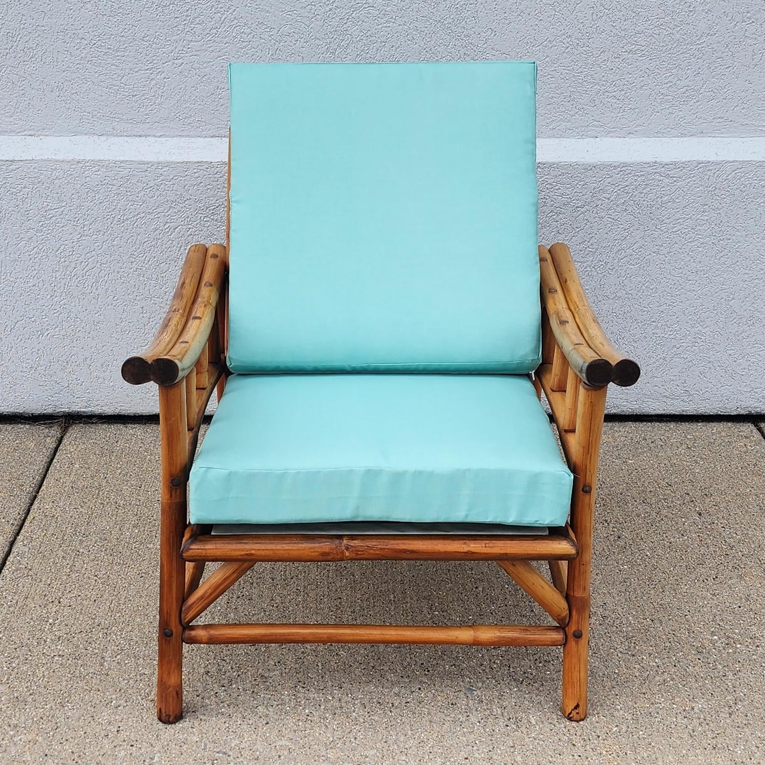 Mid-Century Vintage Mid-Century Rattan Bamboo Chair with Turquoise Cushions 5