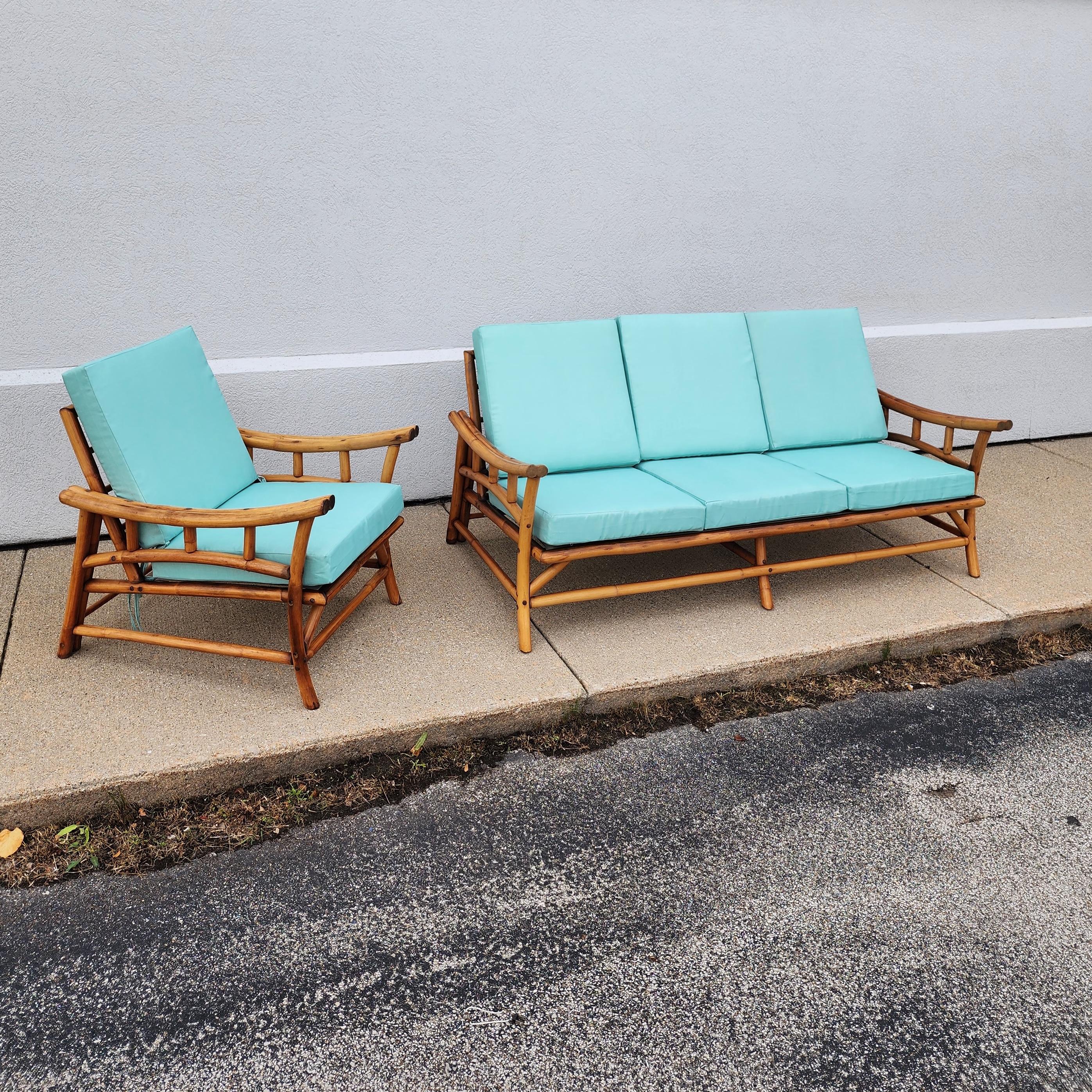 Mid-Century Vintage Mid-Century Rattan Bamboo Chair with Turquoise Cushions 9