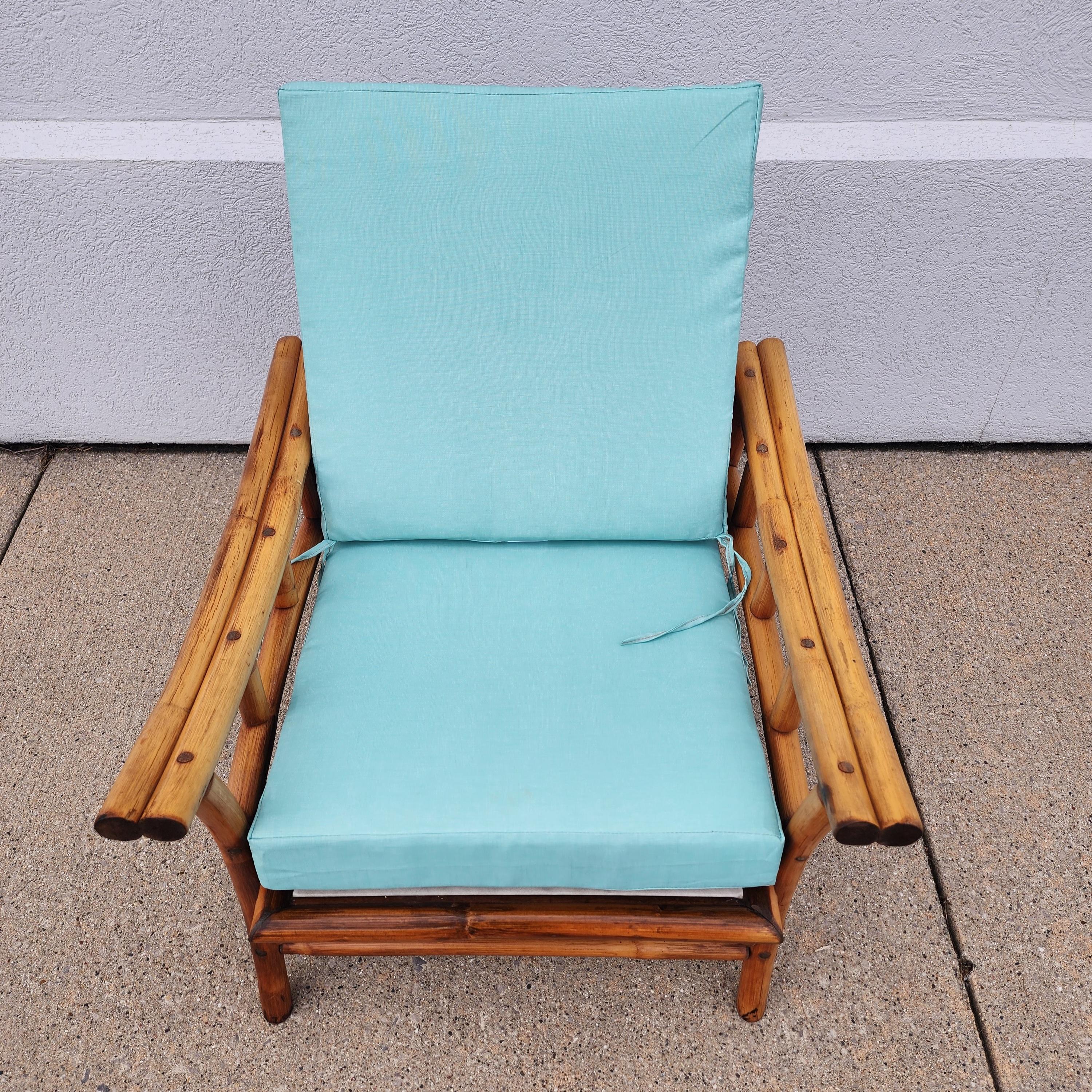 Mid-Century Vintage Mid-Century Rattan Bamboo Chair with Turquoise Cushions 10