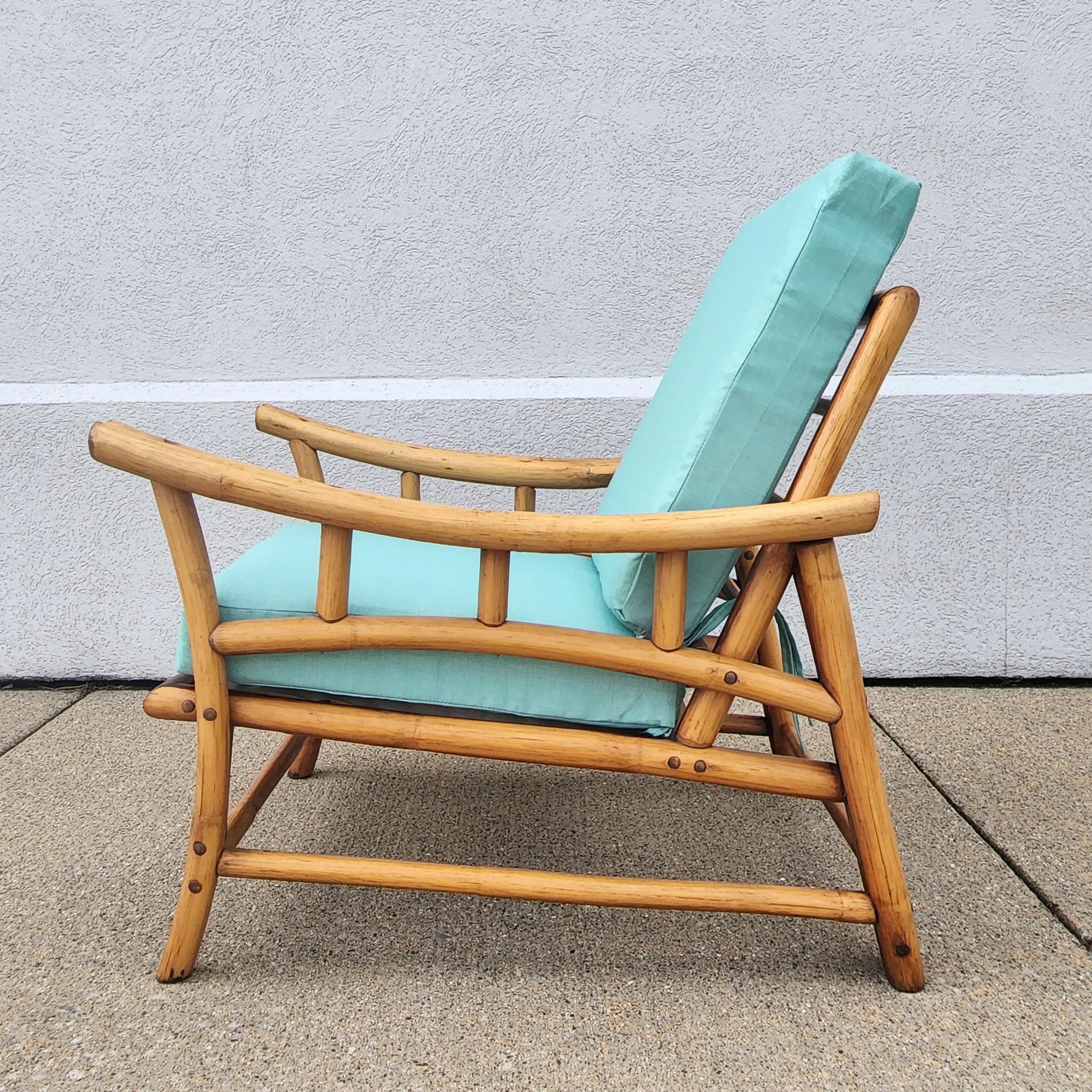 Mid-Century Modern Mid-Century Vintage Mid-Century Rattan Bamboo Chair with Turquoise Cushions