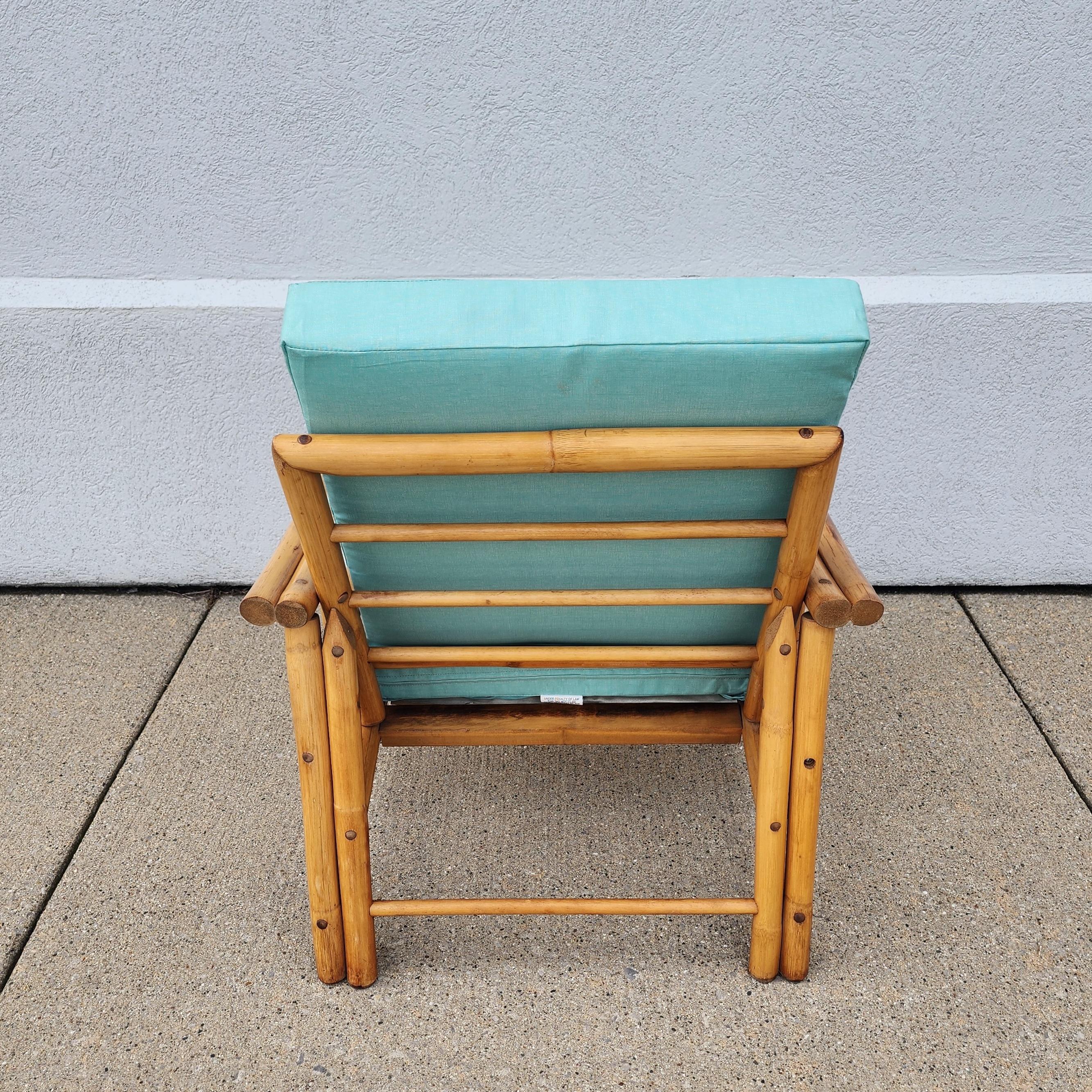 Mid-Century Vintage Mid-Century Rattan Bamboo Chair with Turquoise Cushions In Good Condition In Bay City, MI