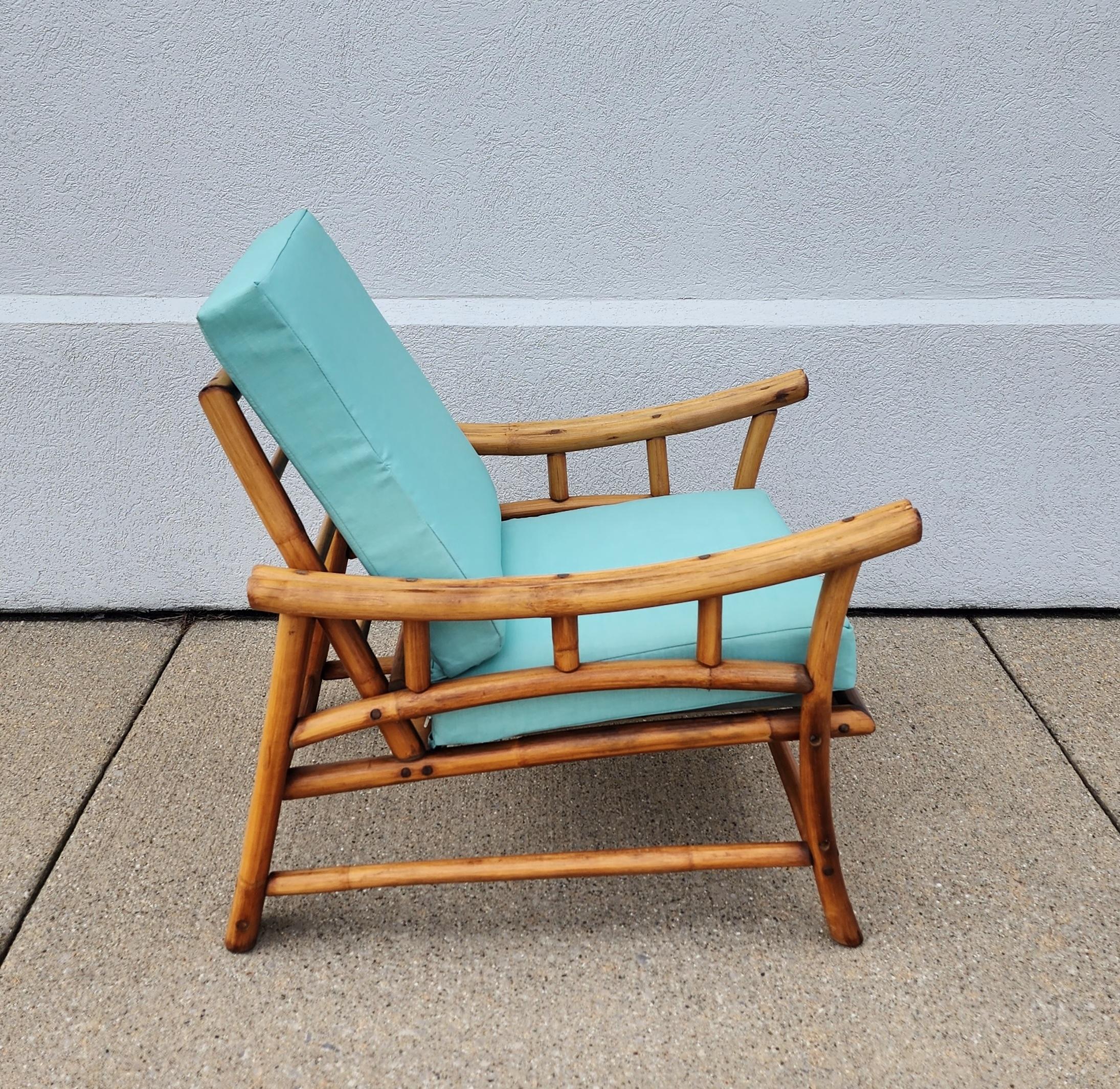 20th Century Mid-Century Vintage Mid-Century Rattan Bamboo Chair with Turquoise Cushions