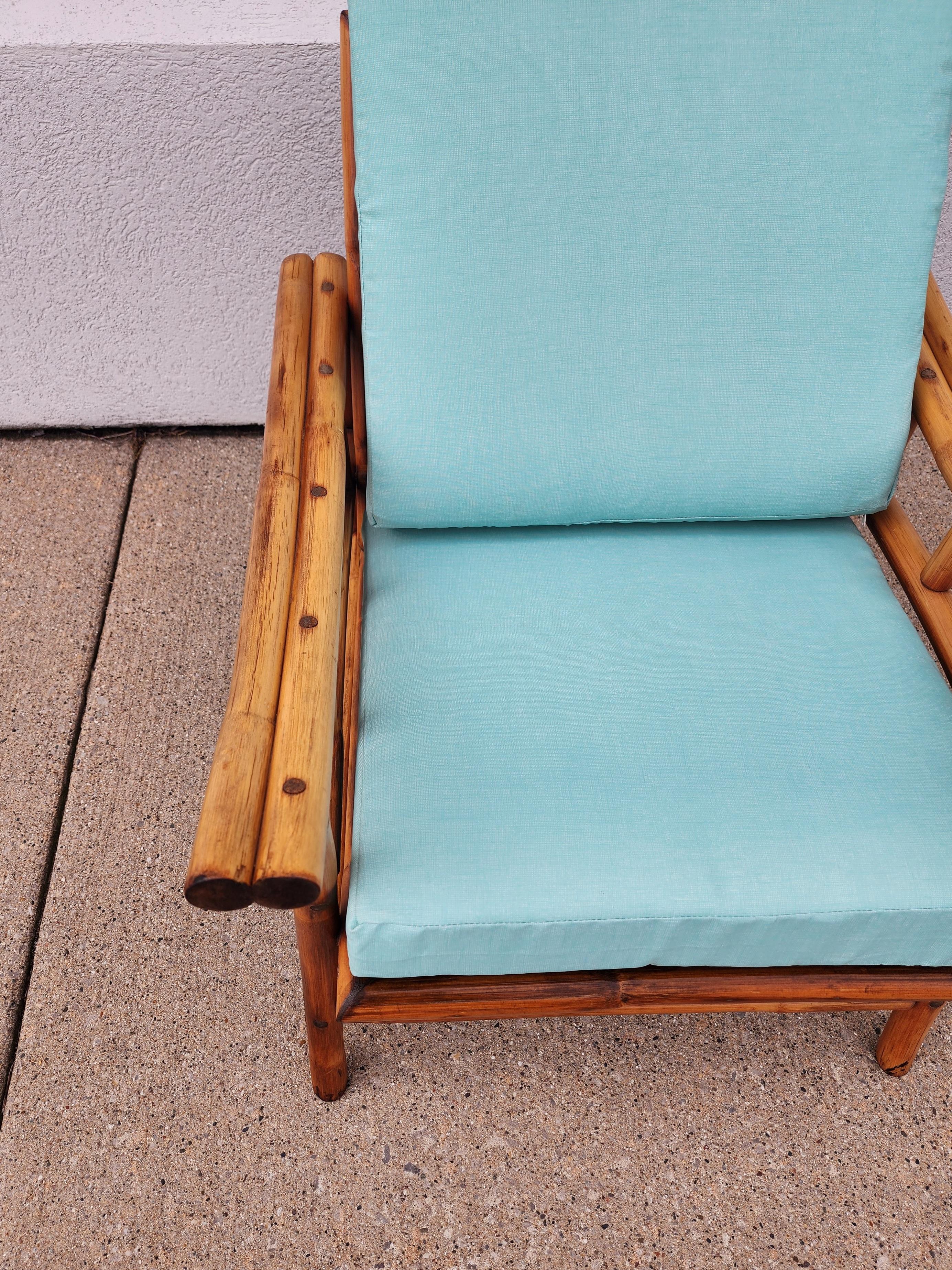Mid-Century Vintage Mid-Century Rattan Bamboo Chair with Turquoise Cushions 1