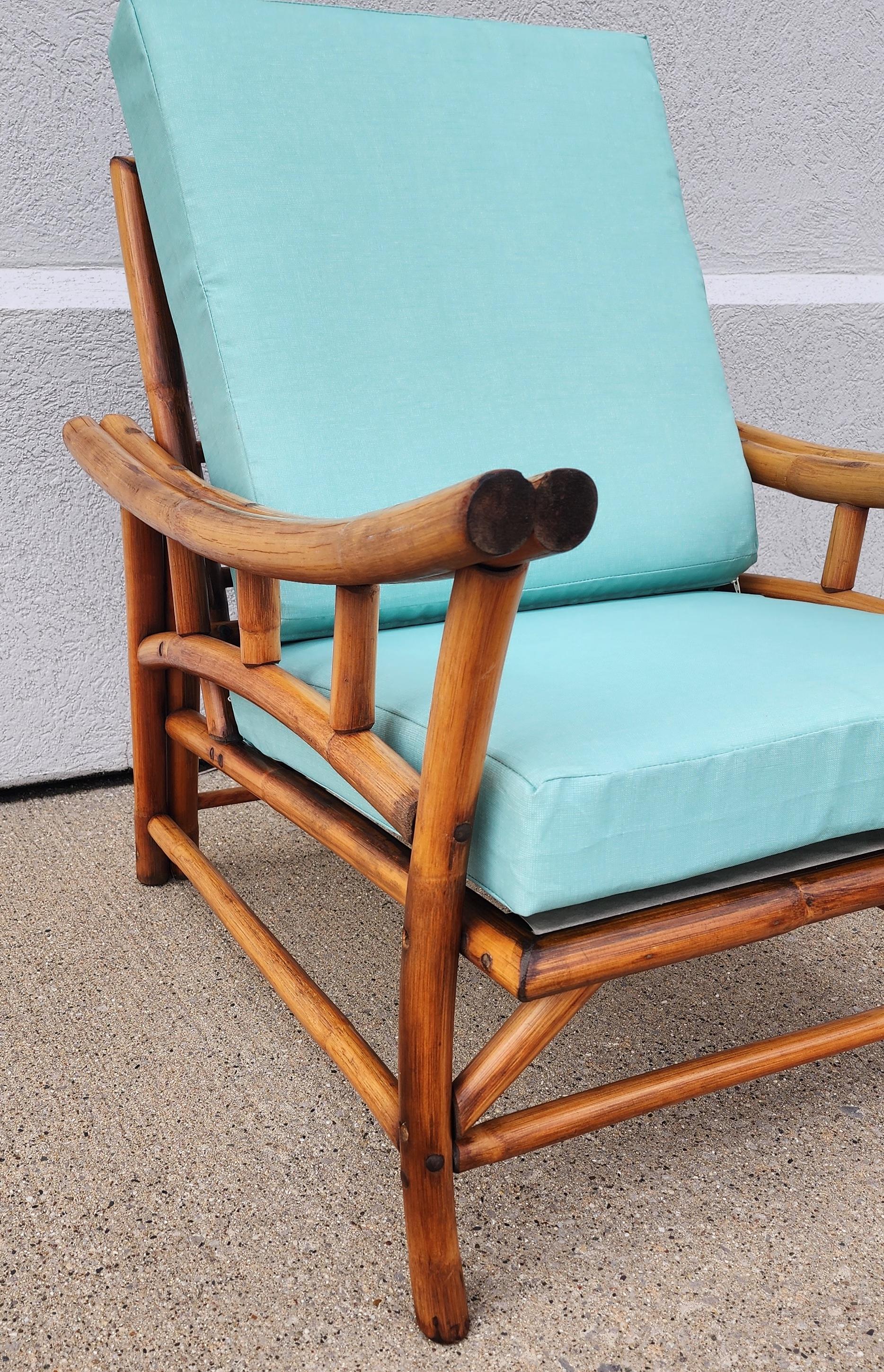 Mid-Century Vintage Mid-Century Rattan Bamboo Chair with Turquoise Cushions 3