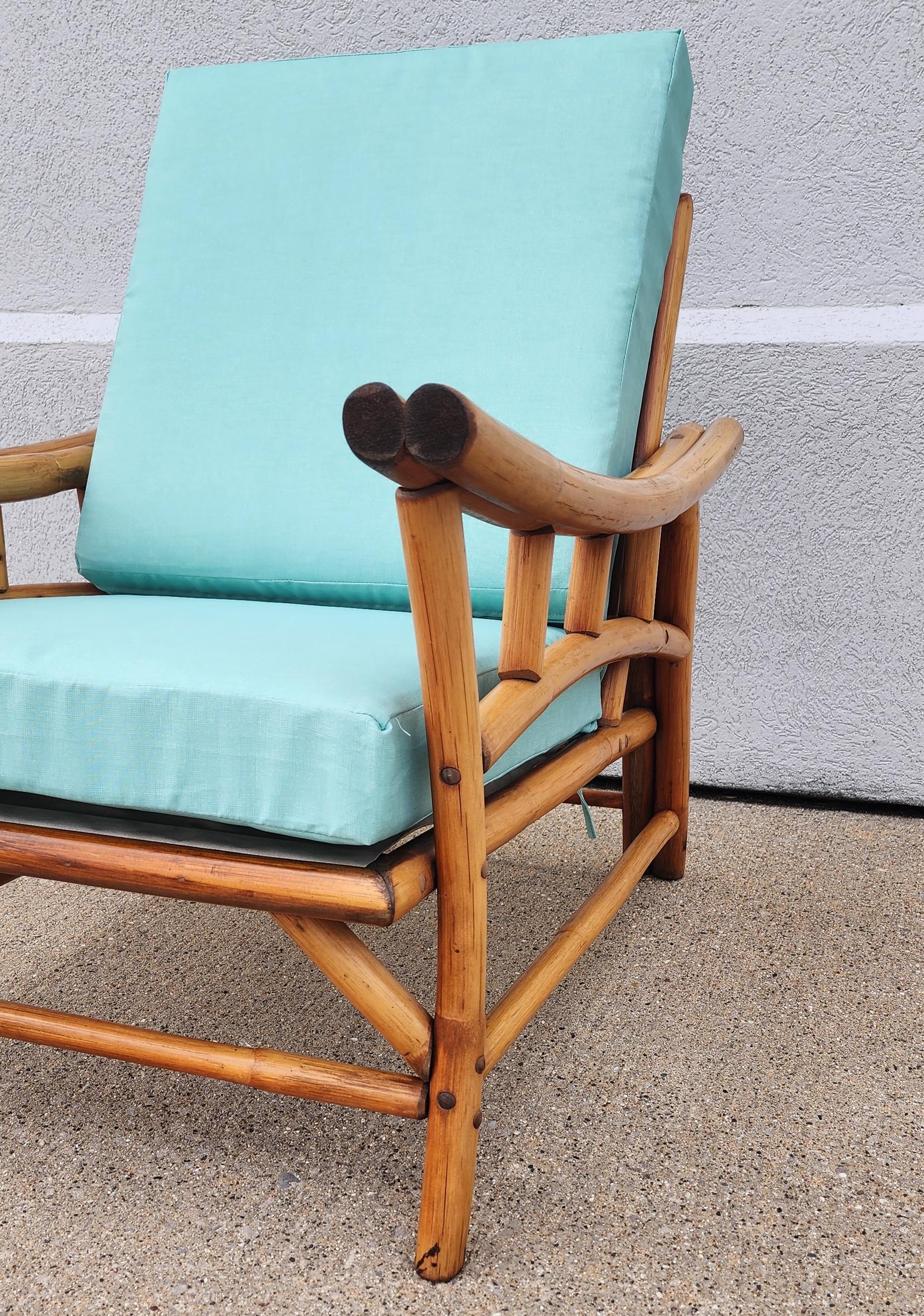 Mid-Century Vintage Mid-Century Rattan Bamboo Chair with Turquoise Cushions 4