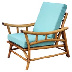 Chaise en bambou et rotin vintage du milieu du siècle avec coussins turquoise