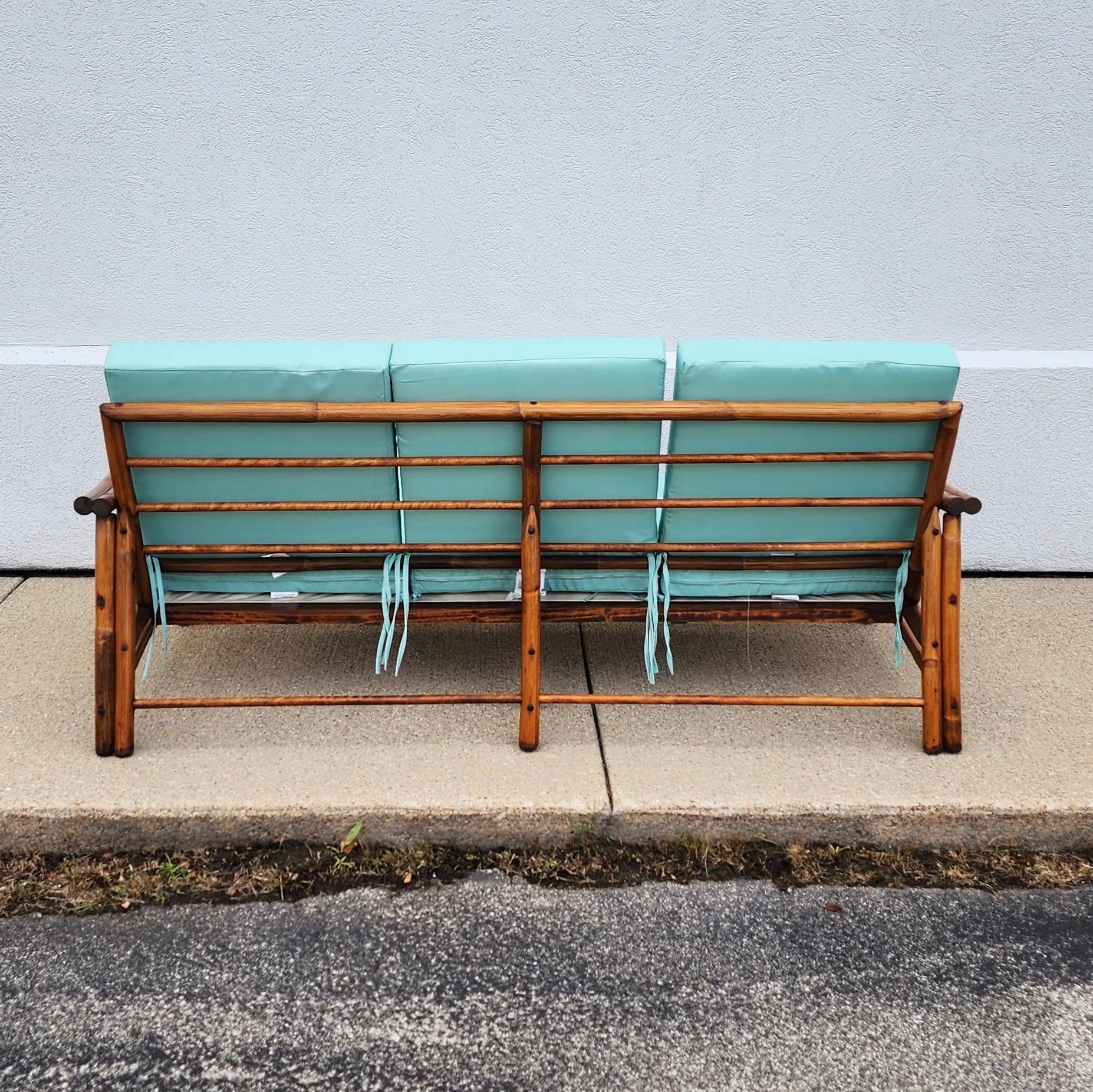 Mid-Century Vintage Midcentury Rattan Bamboo Couch with Turquoise Cushions 3
