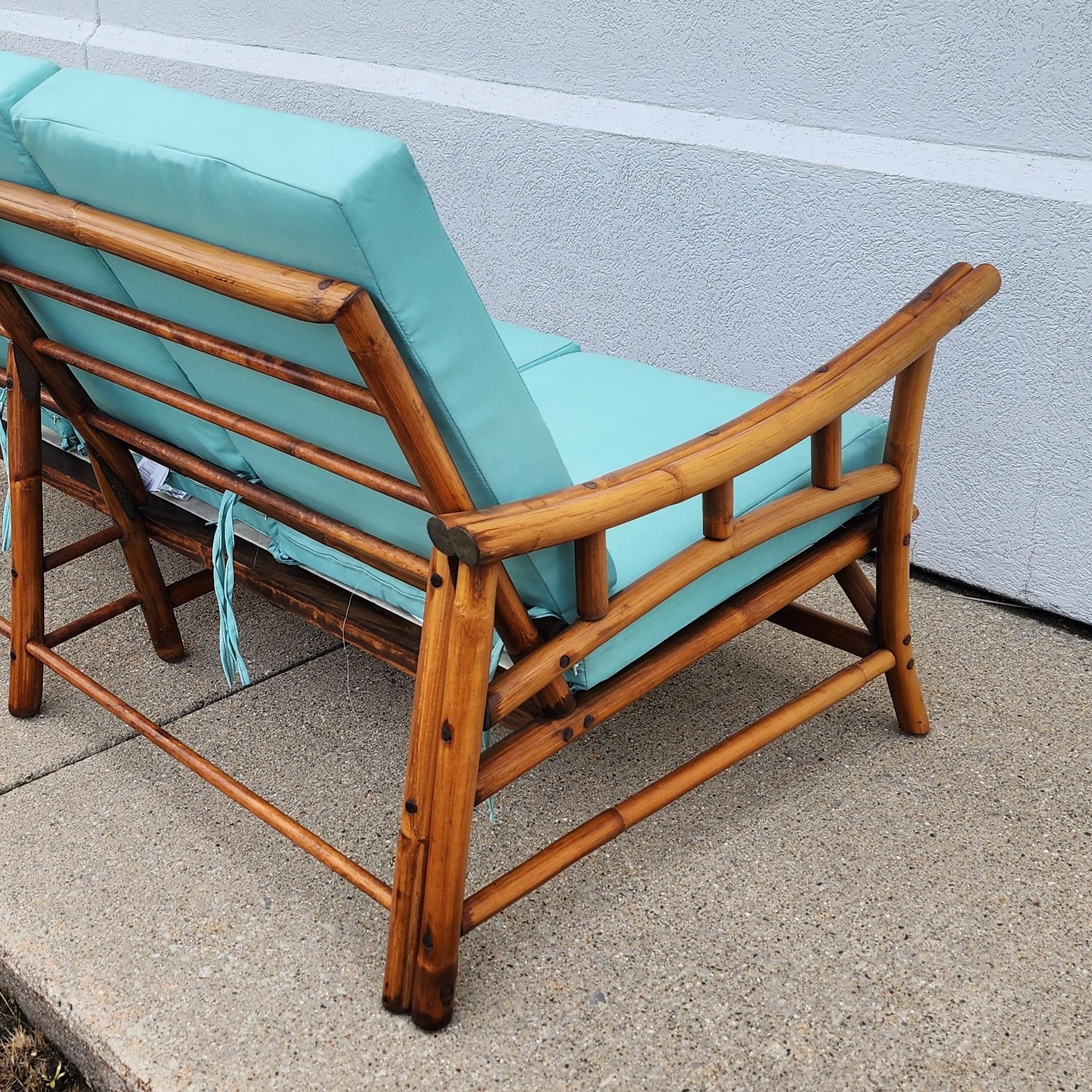 Mid-Century Vintage Midcentury Rattan Bamboo Couch with Turquoise Cushions 4