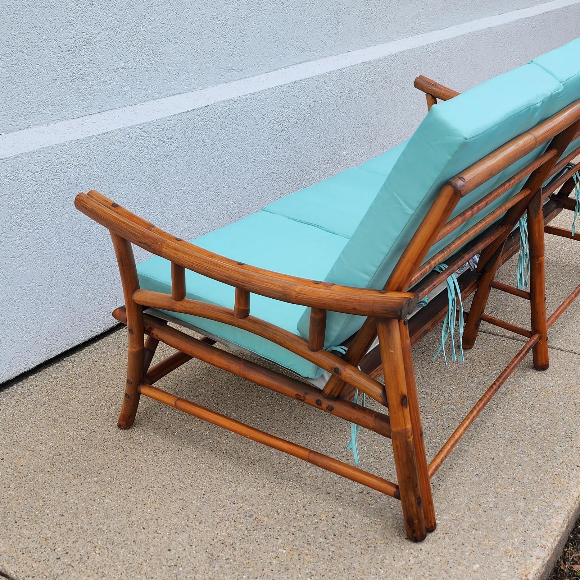 Mid-Century Vintage Midcentury Rattan Bamboo Couch with Turquoise Cushions 5