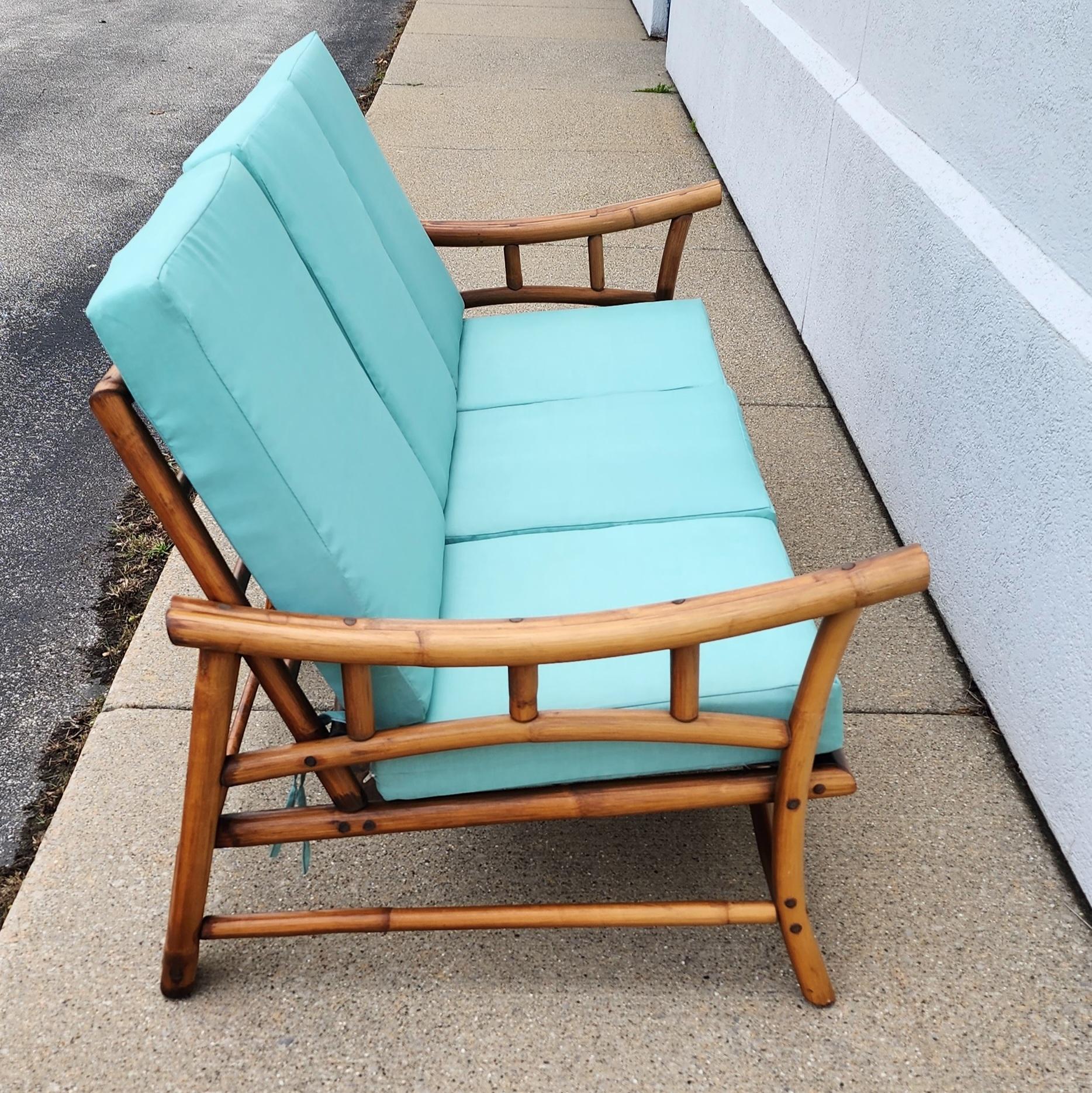 Mid-Century Vintage Midcentury Rattan Bamboo Couch with Turquoise Cushions 6