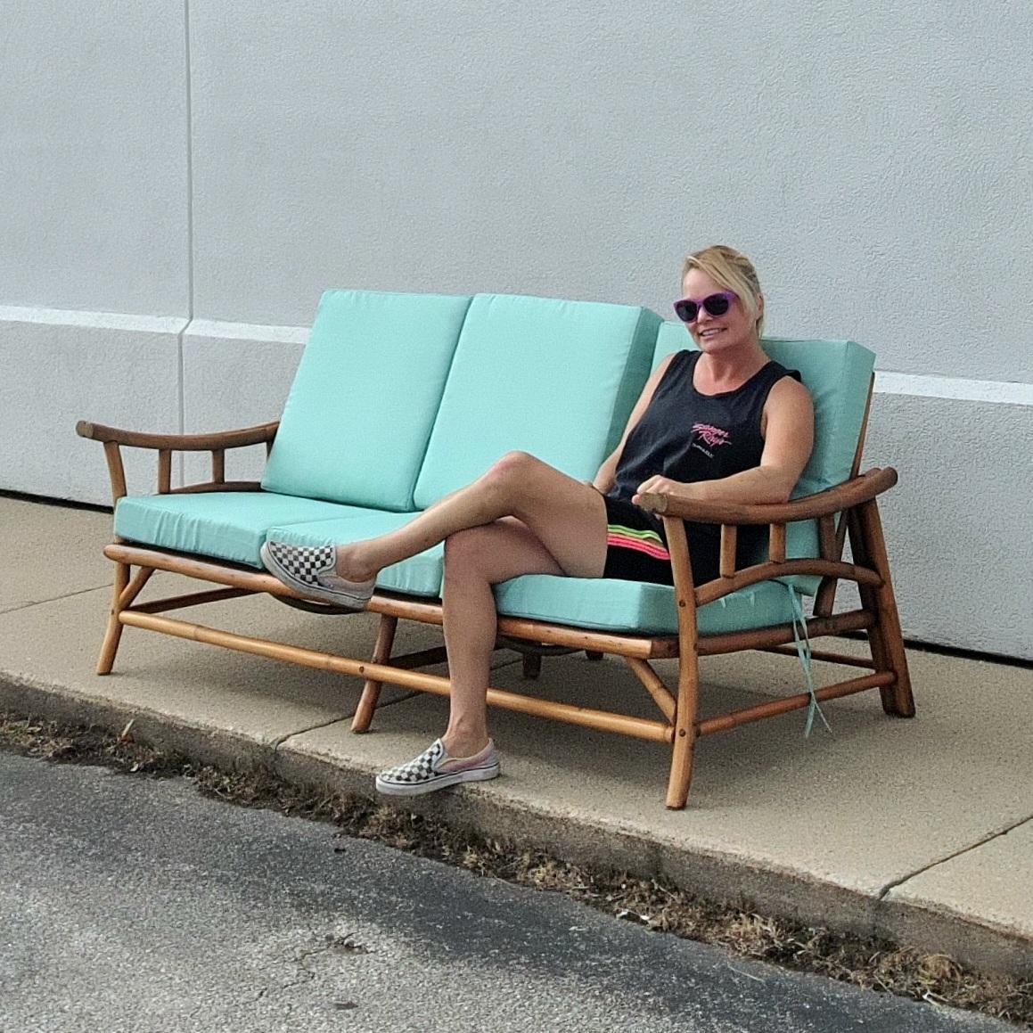 Mid-Century Vintage Midcentury Rattan Bamboo Couch with Turquoise Cushions 10