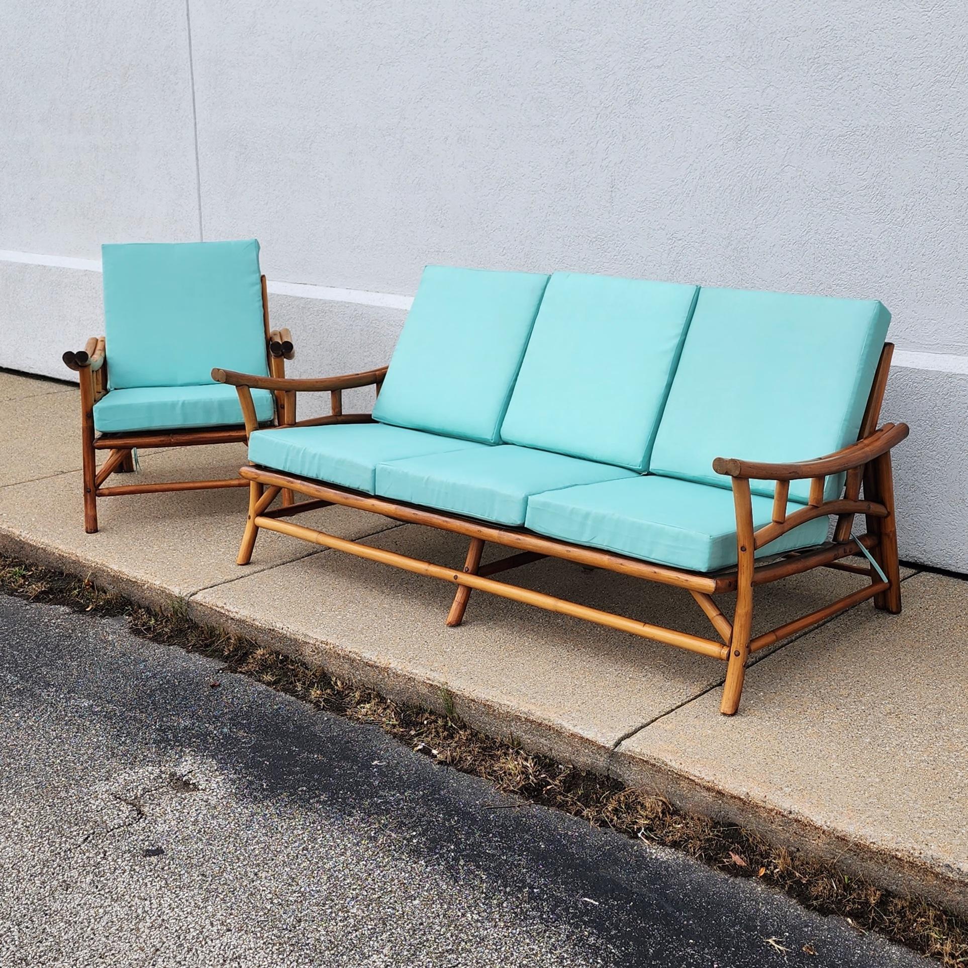 Mid-Century Vintage Midcentury Rattan Bamboo Couch with Turquoise Cushions 11