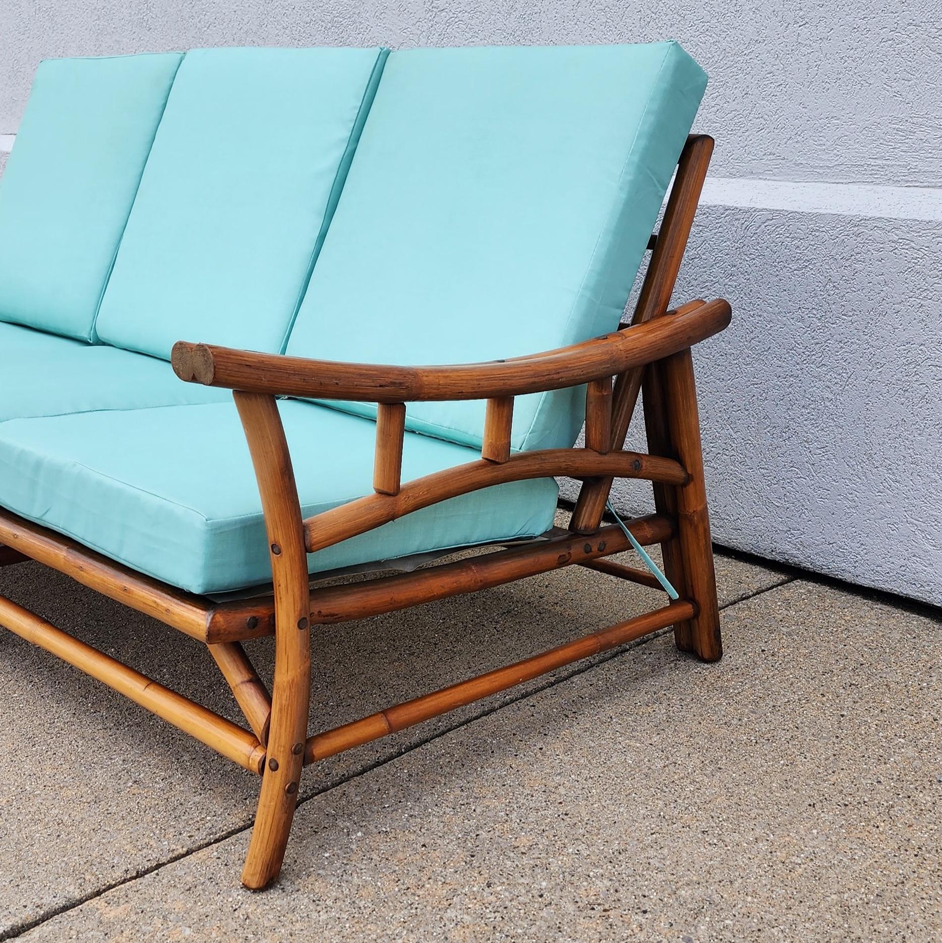 Mid-Century Vintage Midcentury Rattan Bamboo Couch with Turquoise Cushions In Good Condition In Bay City, MI
