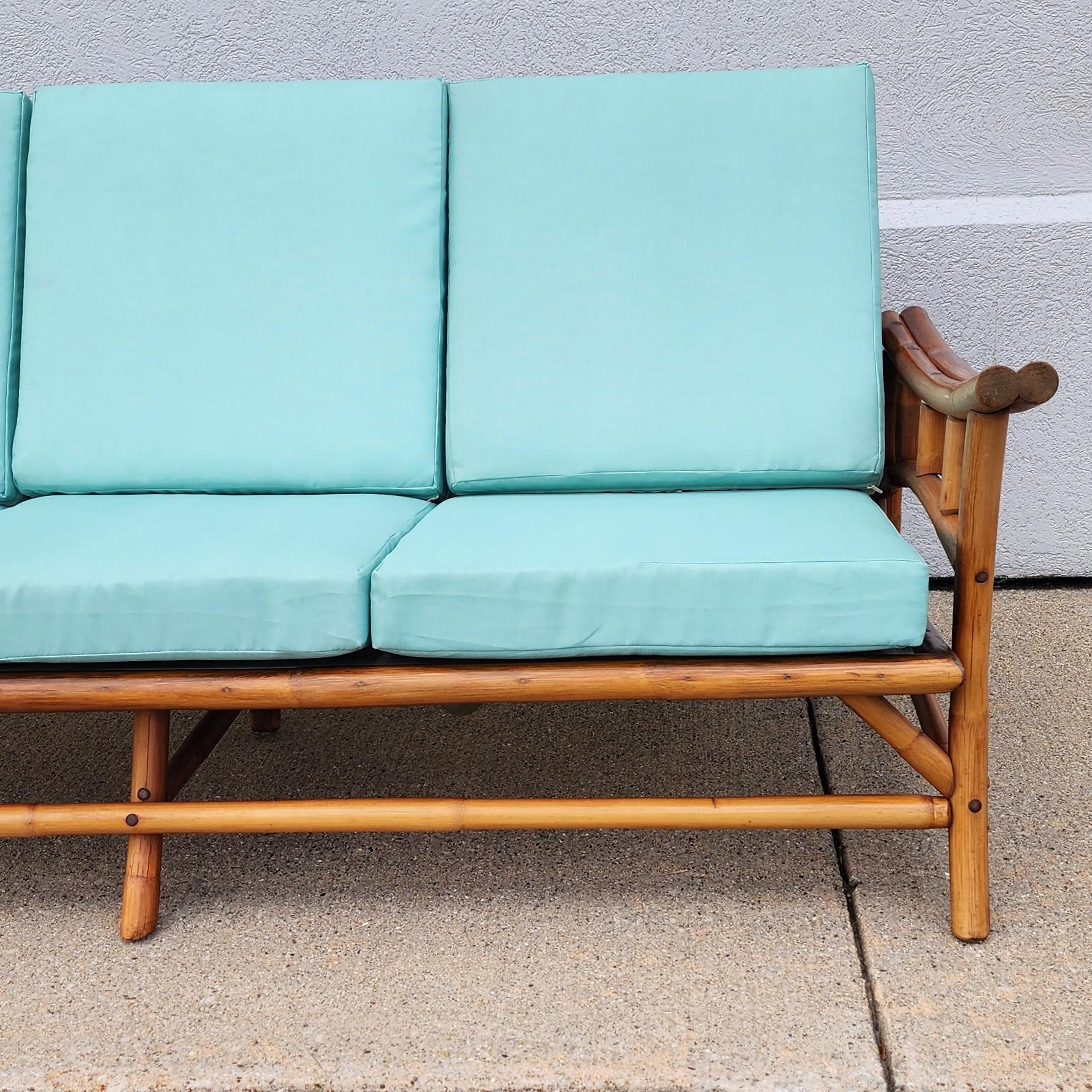 20th Century Mid-Century Vintage Midcentury Rattan Bamboo Couch with Turquoise Cushions