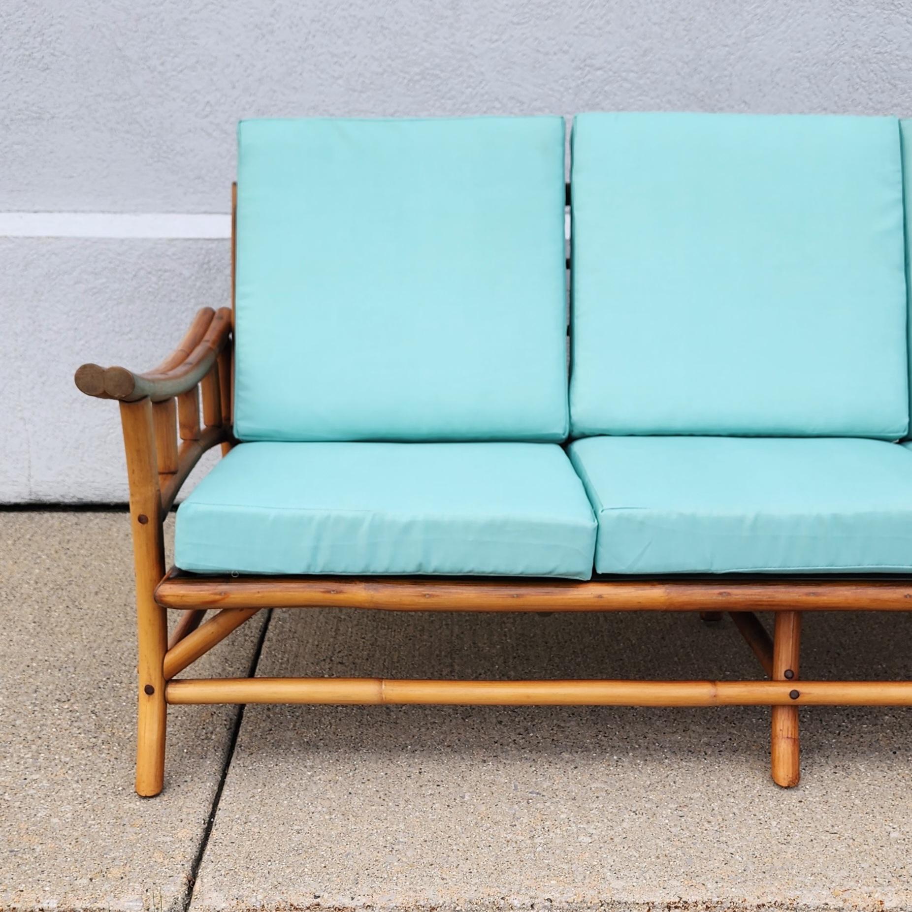 Mid-Century Vintage Midcentury Rattan Bamboo Couch with Turquoise Cushions 2