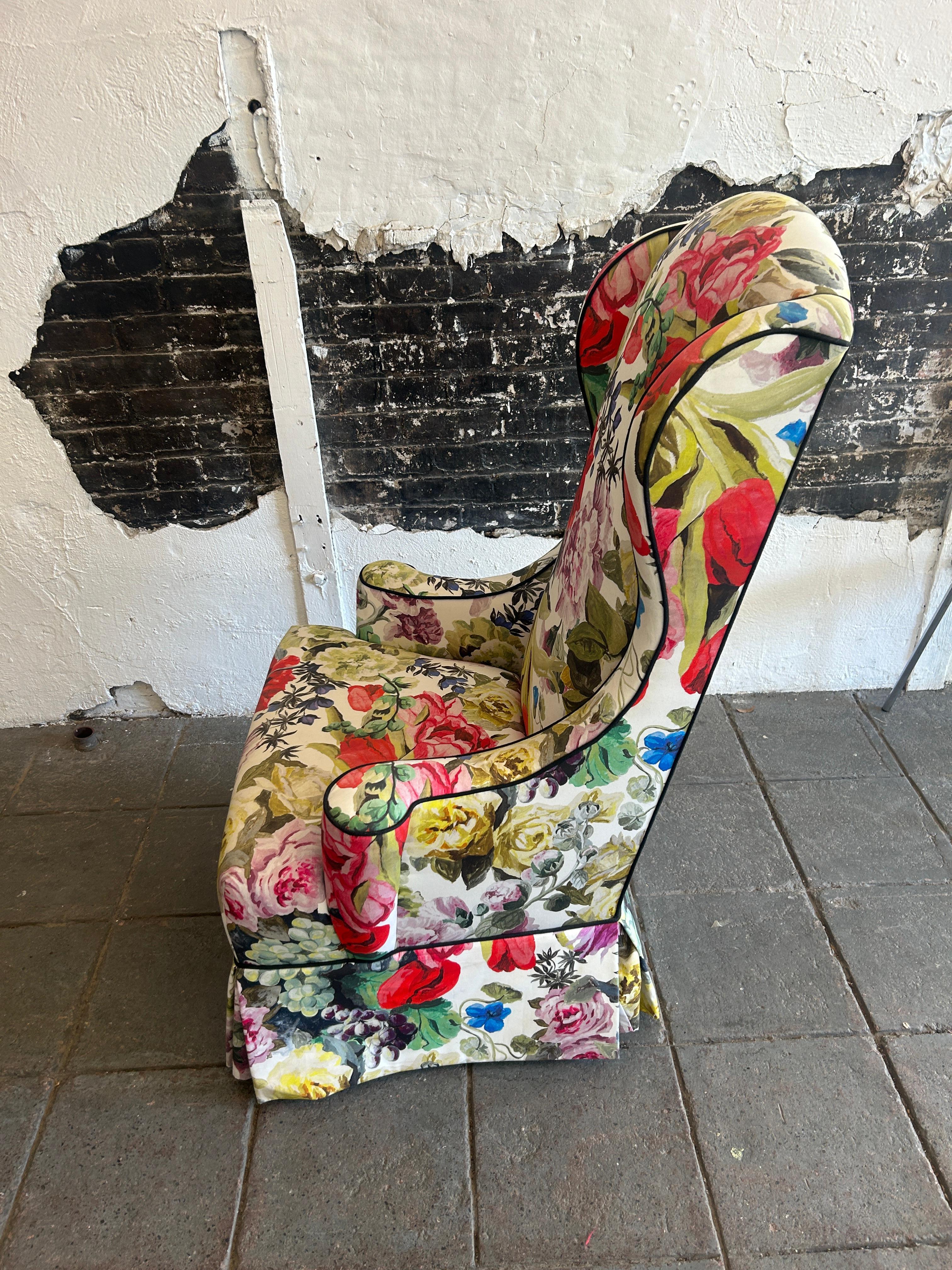 American Mid century Vintage narrow tall floral wingback armchair Queen Anne Style