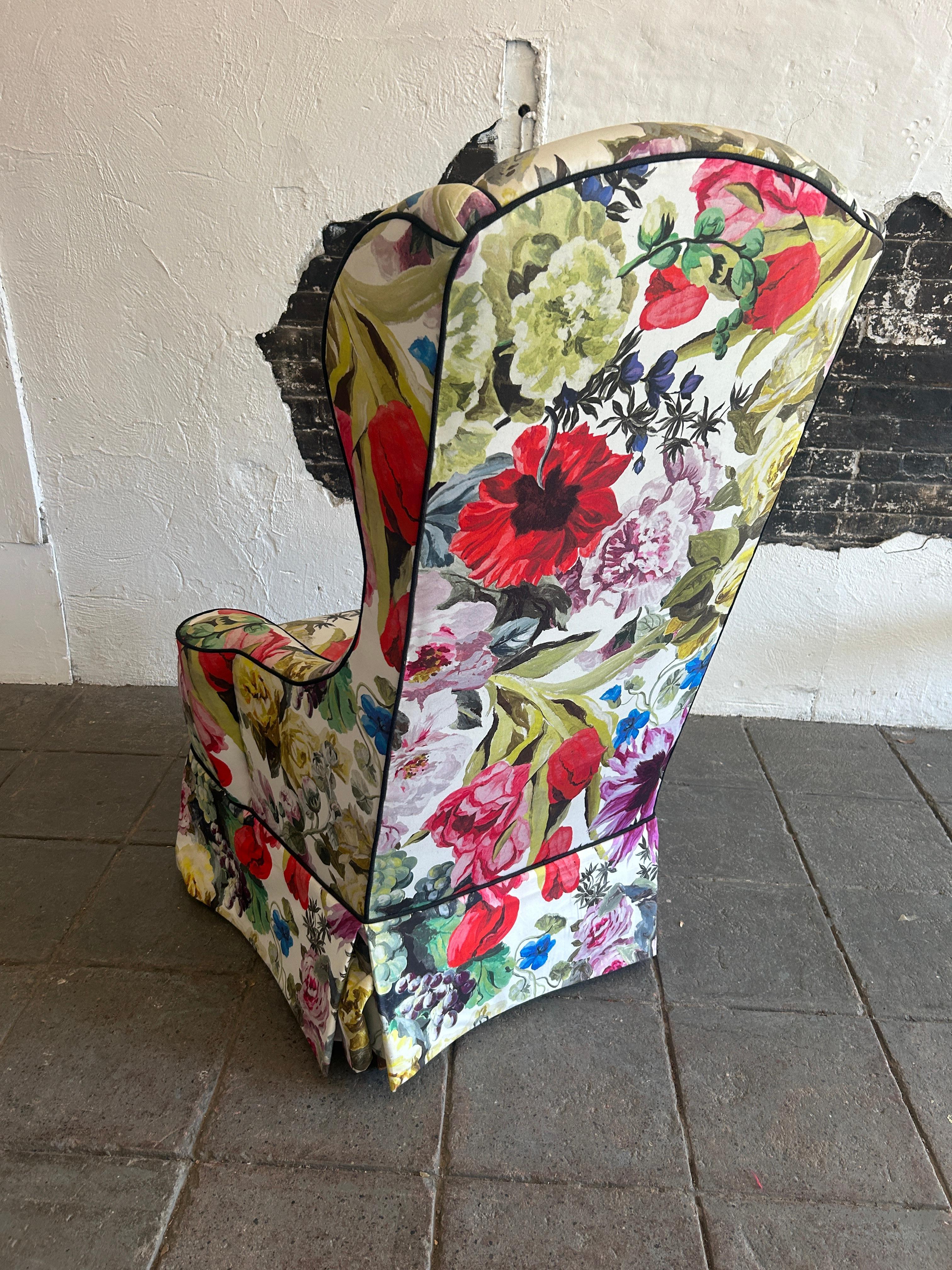 Woodwork Mid century Vintage narrow tall floral wingback armchair Queen Anne Style