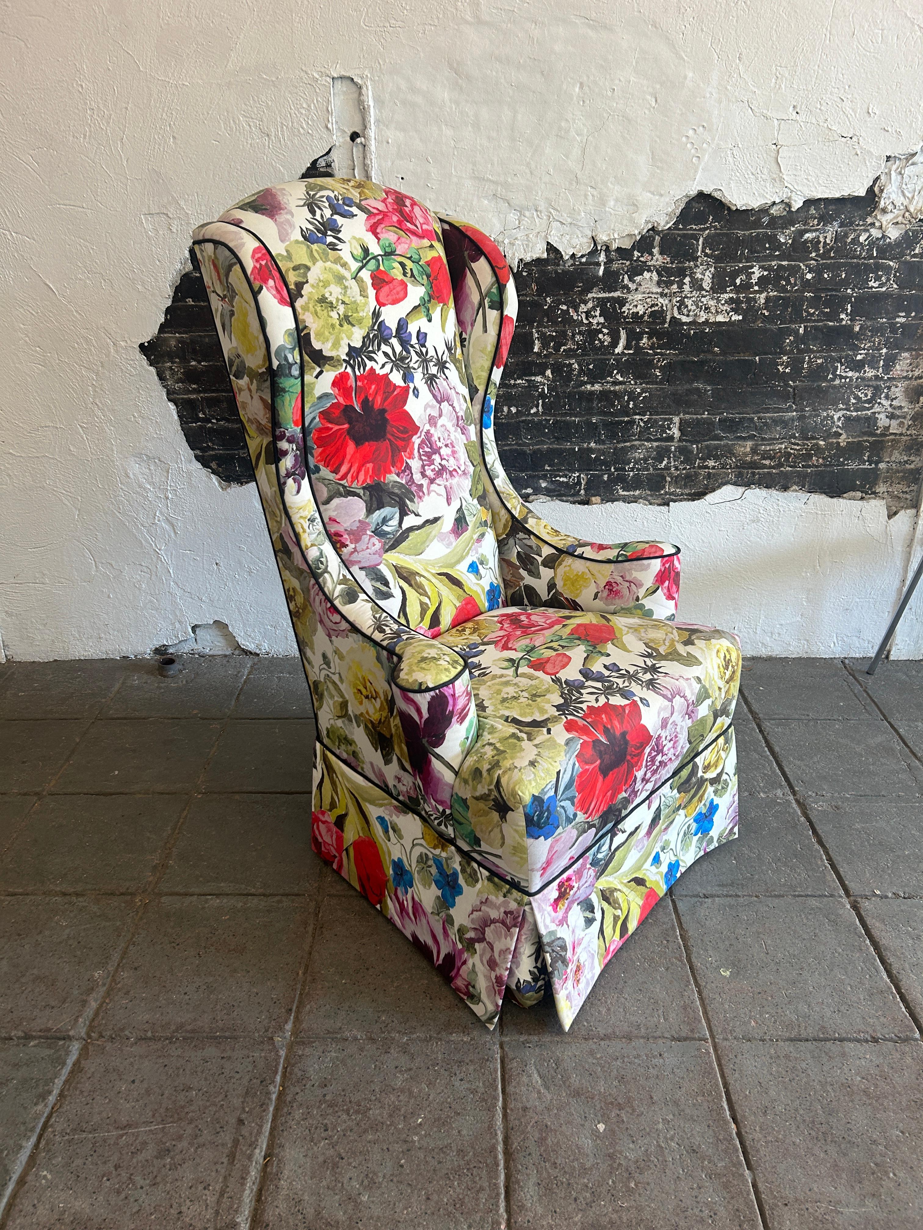 Mid-20th Century Mid century Vintage narrow tall floral wingback armchair Queen Anne Style