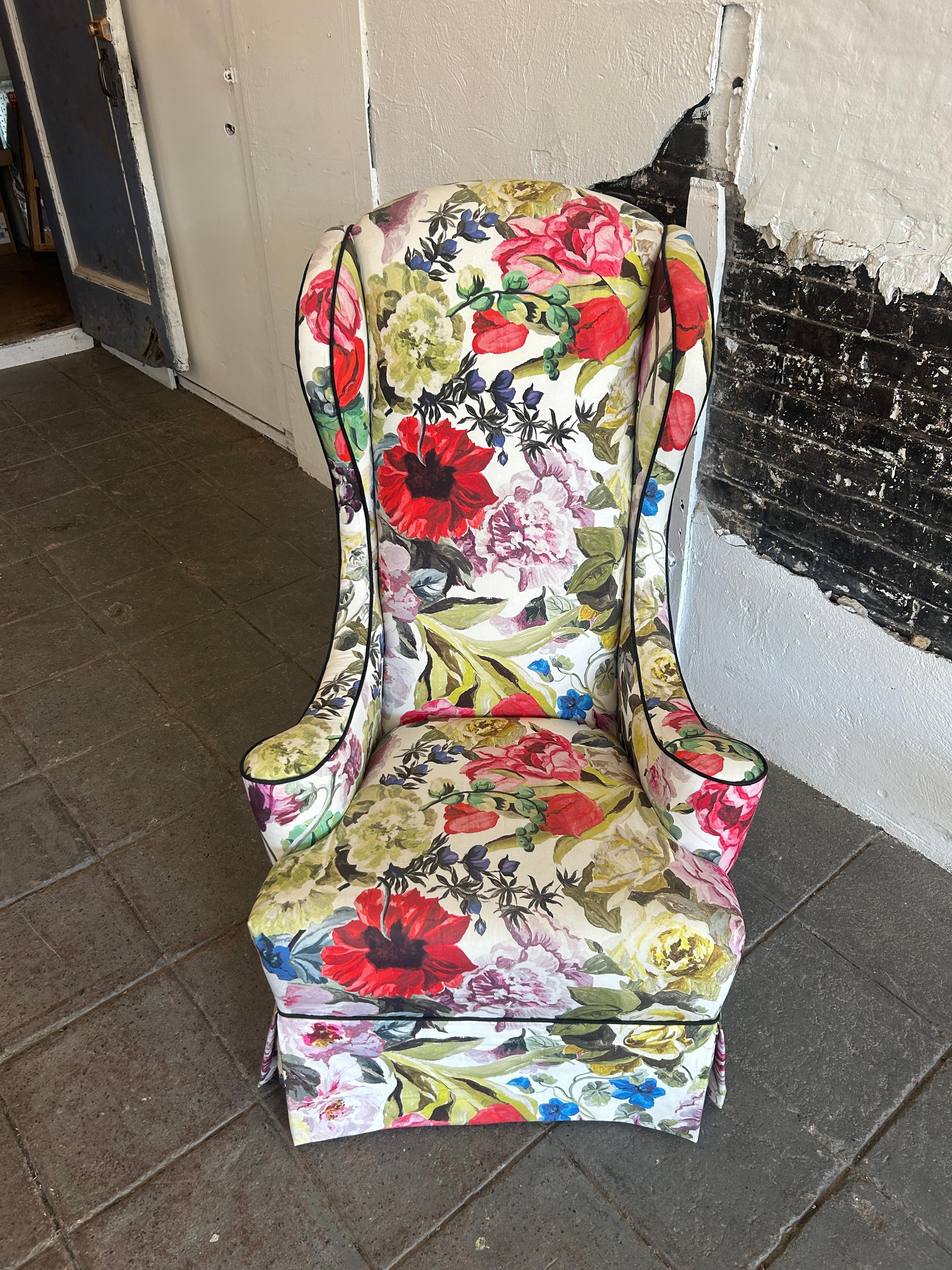 Upholstery Mid century Vintage narrow tall floral wingback armchair Queen Anne Style