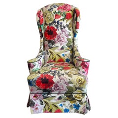 Mid century Vintage narrow tall floral wingback armchair Queen Anne Style