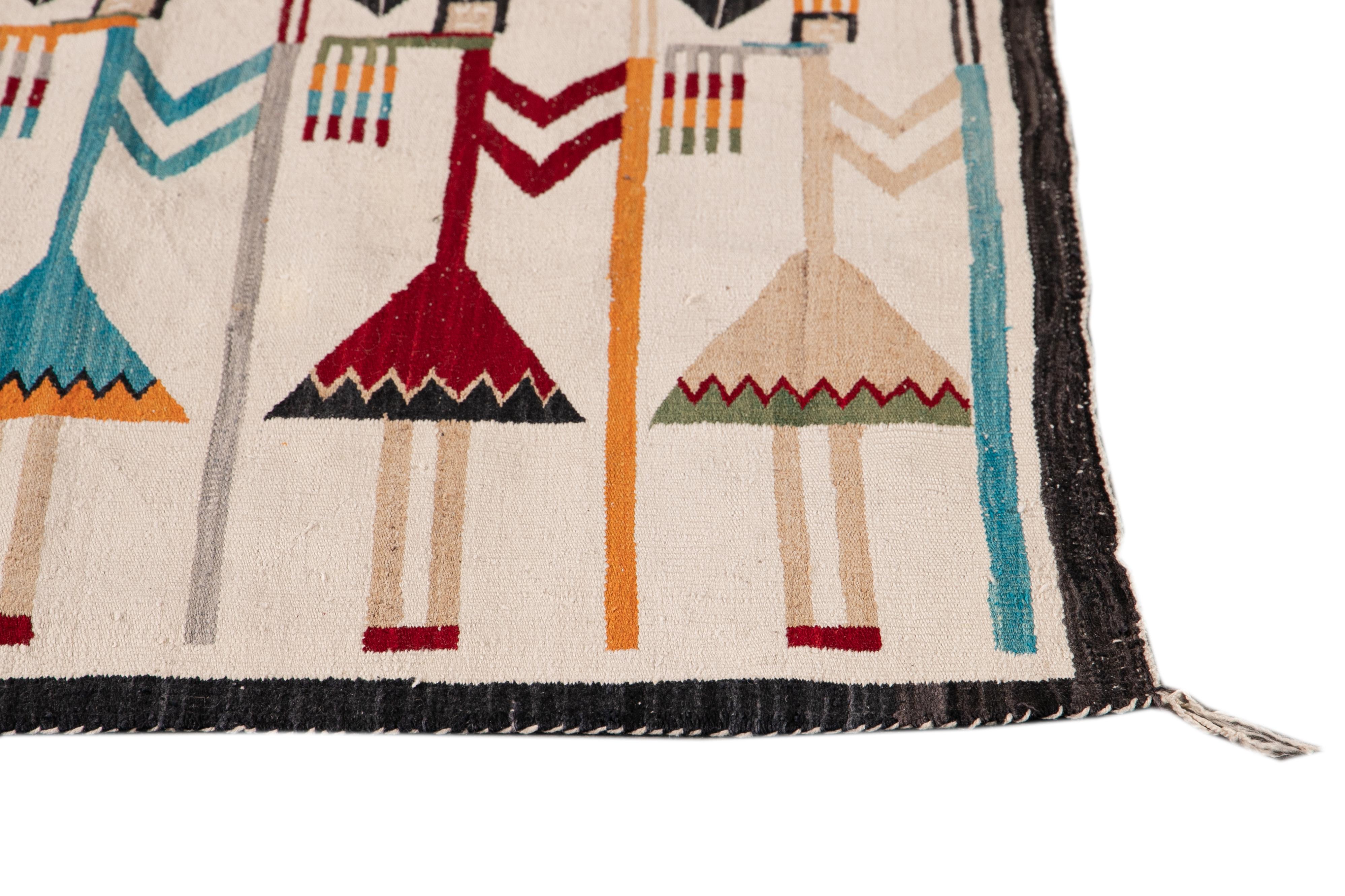 Hand-Knotted Mid-Century Vintage Native American Yei Pictorial Blanket