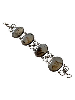 Mid-Century Vintage Natural Moss Agate Cabochon Link Bracelet