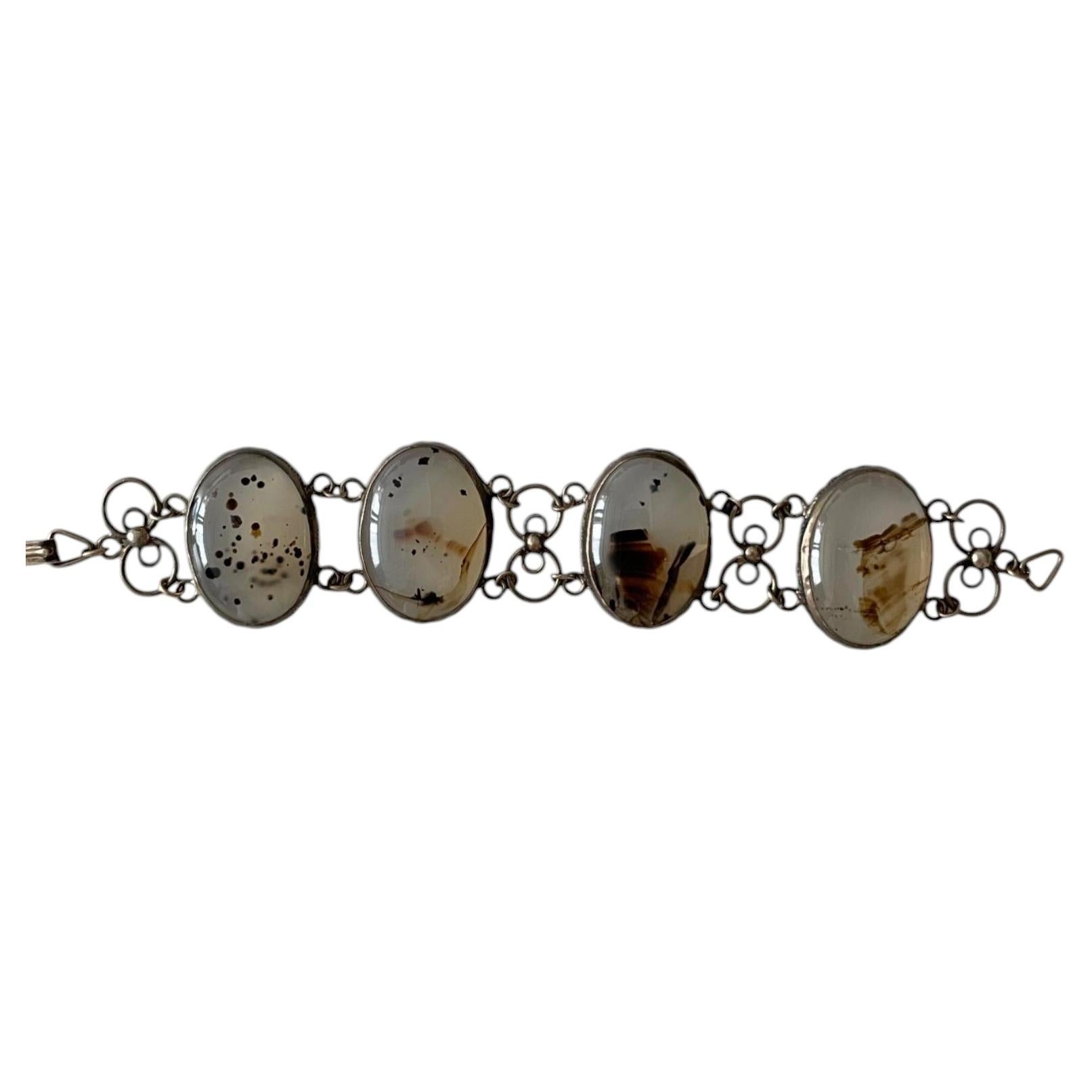 Vintage-Armband aus Moosachat-Cabochons aus der Mitte des Jahrhunderts