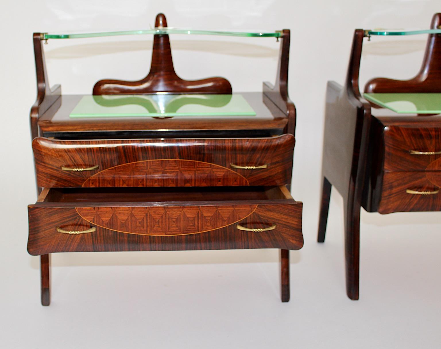 Mid Century Vintage Nightstands Chests Walnut Brass Green Glass, Italy, 1940s For Sale 3