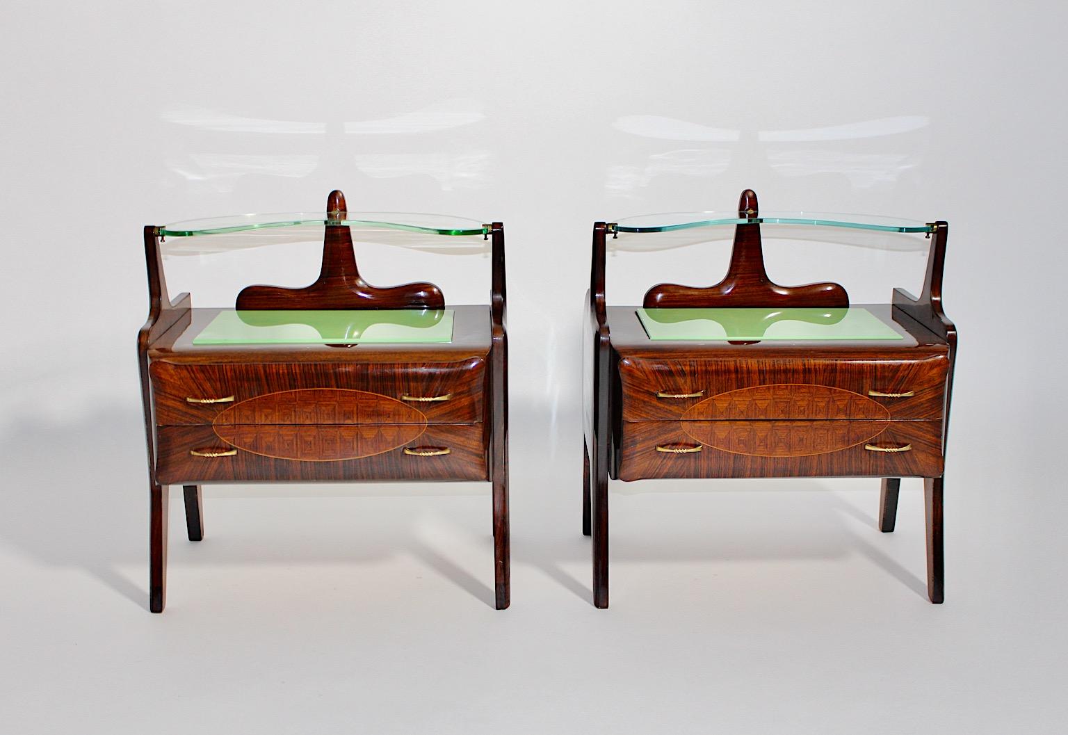 Mid Century Vintage Nightstands Chests Walnut Brass Green Glass, Italy, 1940s For Sale 4