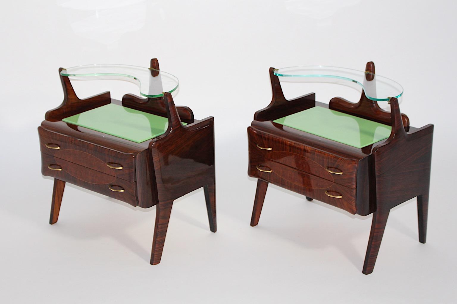 Mid Century Vintage Nightstands Chests Walnut Brass Green Glass, Italy, 1940s For Sale 6